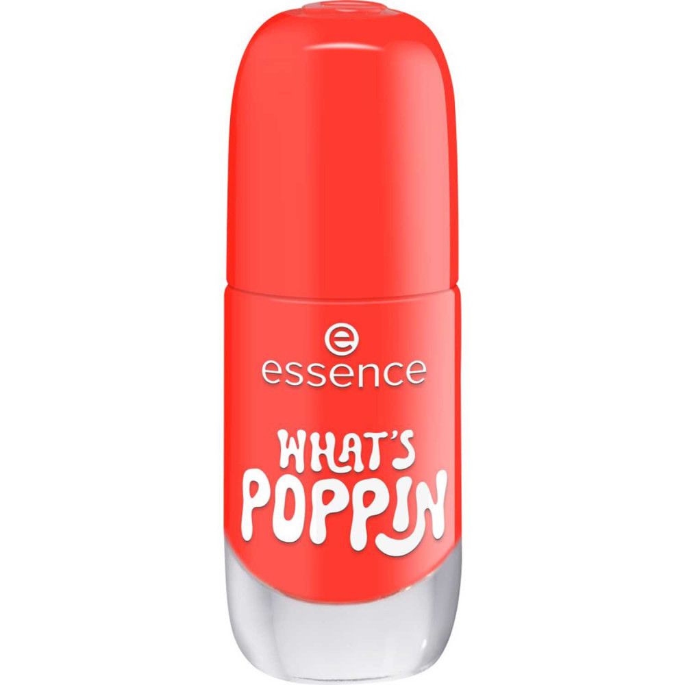 Gesloten nagellakflesje. Rode nagellak, transparante basis. Opschrift: Essence, WHAT'S POPPIN.