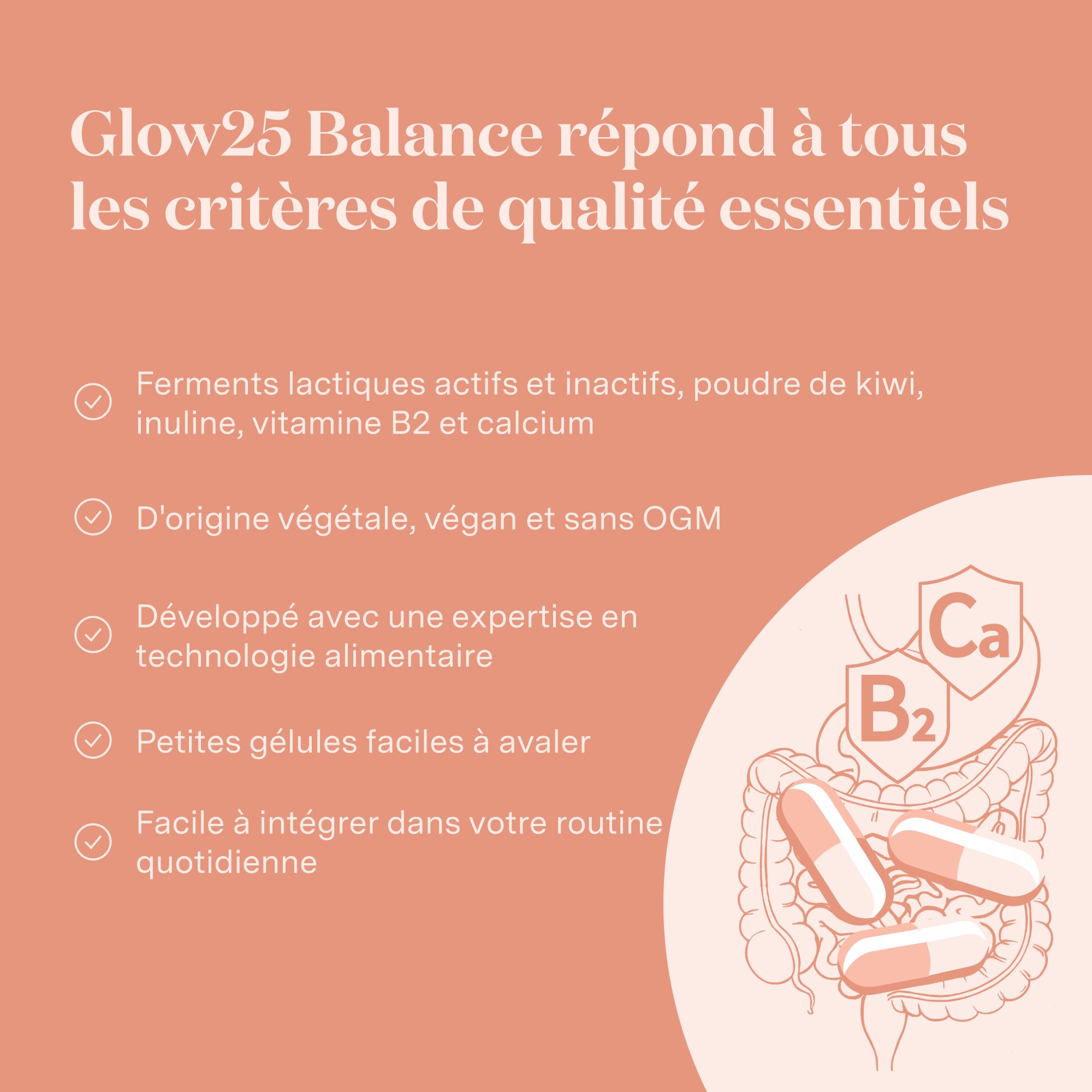 Glow25 Balance : Ferments, kiwi, inuline, vitamine B2, calcium. Végétal, vegan, sans OGM.