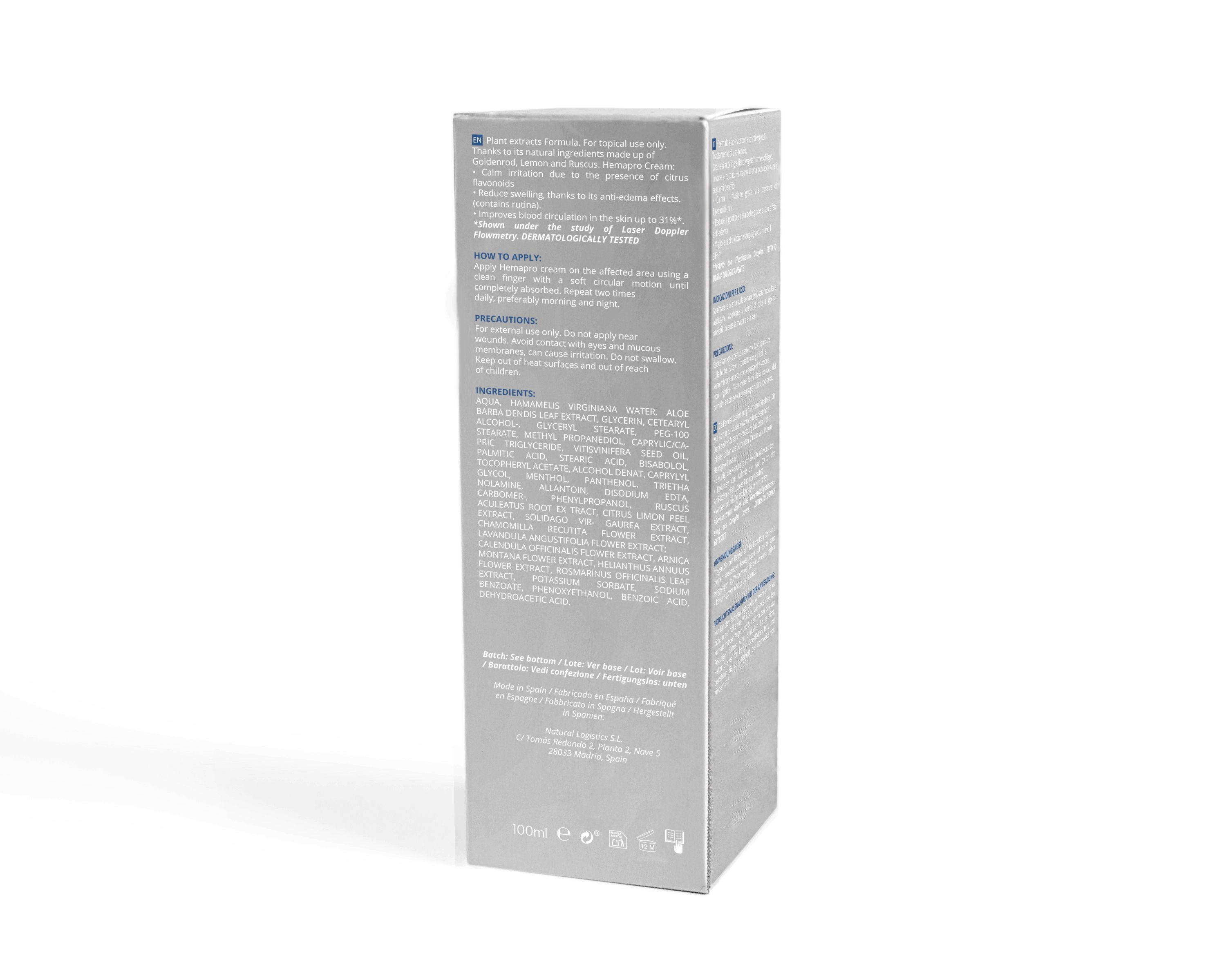 Dos de l'emballage du produit. Fond gris avec texte. Informations et précautions multilingues.