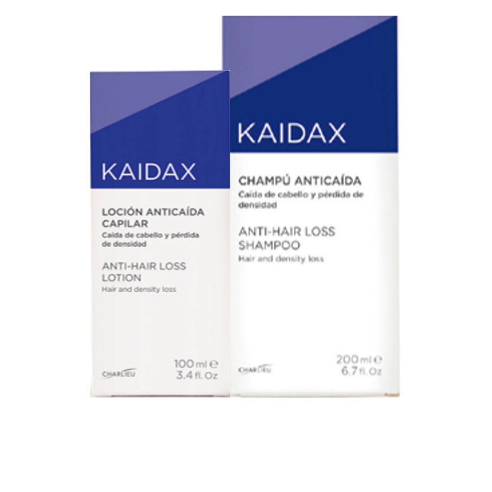 Twee Kaidax Anti-Haaruitval producten: Lotion (100ml) en Shampoo (200ml).