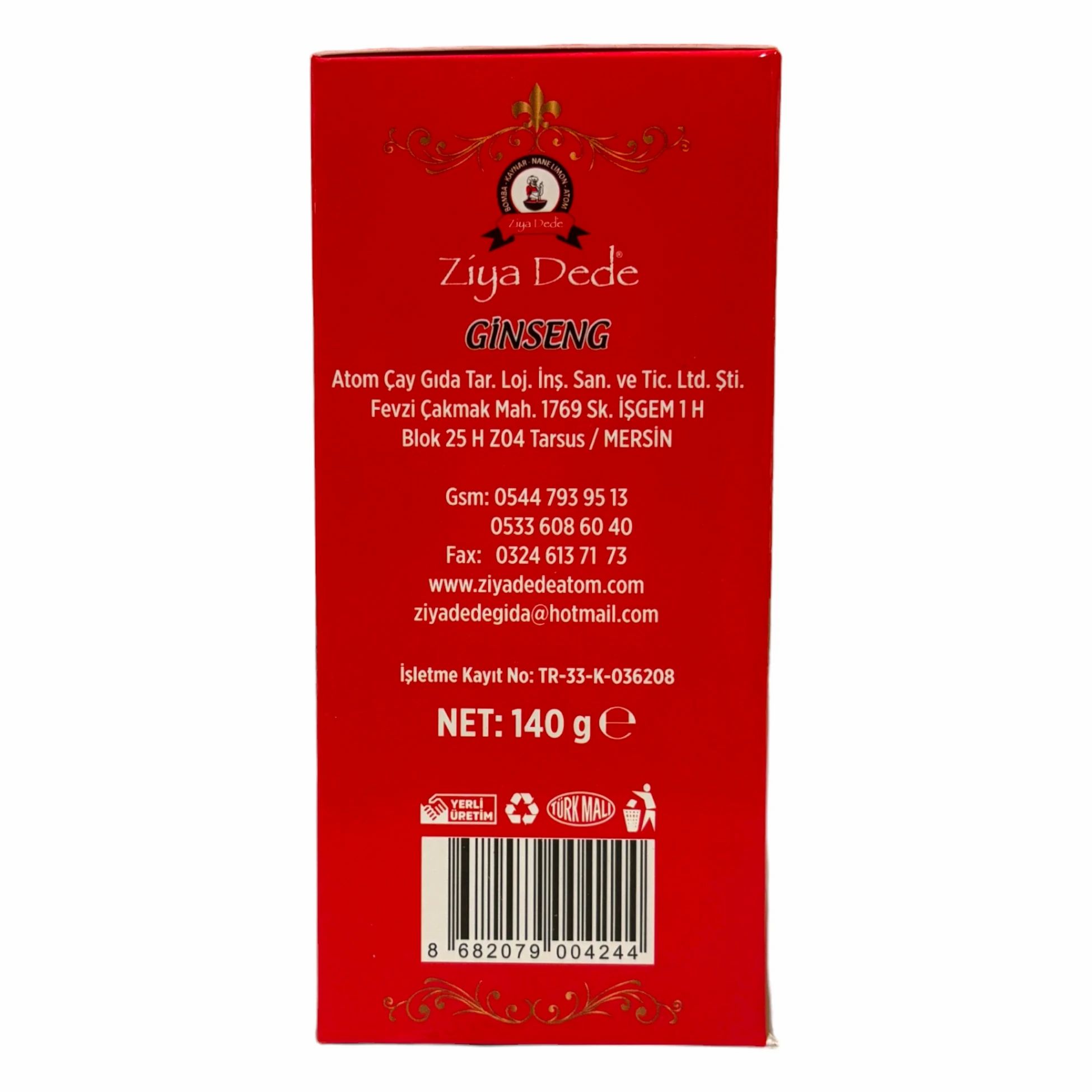 Dos de la boîte rouge "Ziya Dede Ginseng". Contient du texte, un code-barres et un poids net de 140 g.