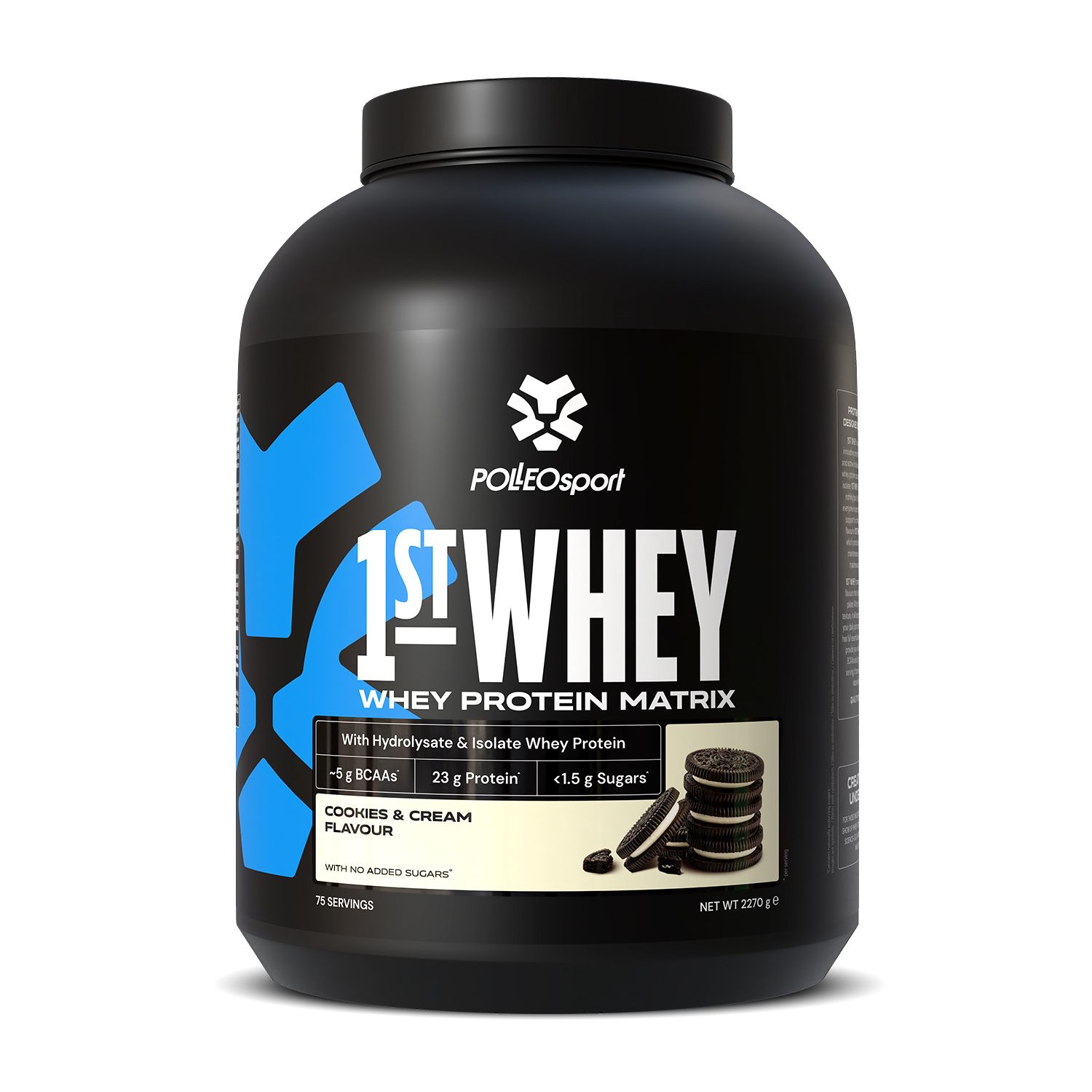 Zwarte container van PolleoSport 1st Whey Protein Matrix, Cookies & Cream smaak.