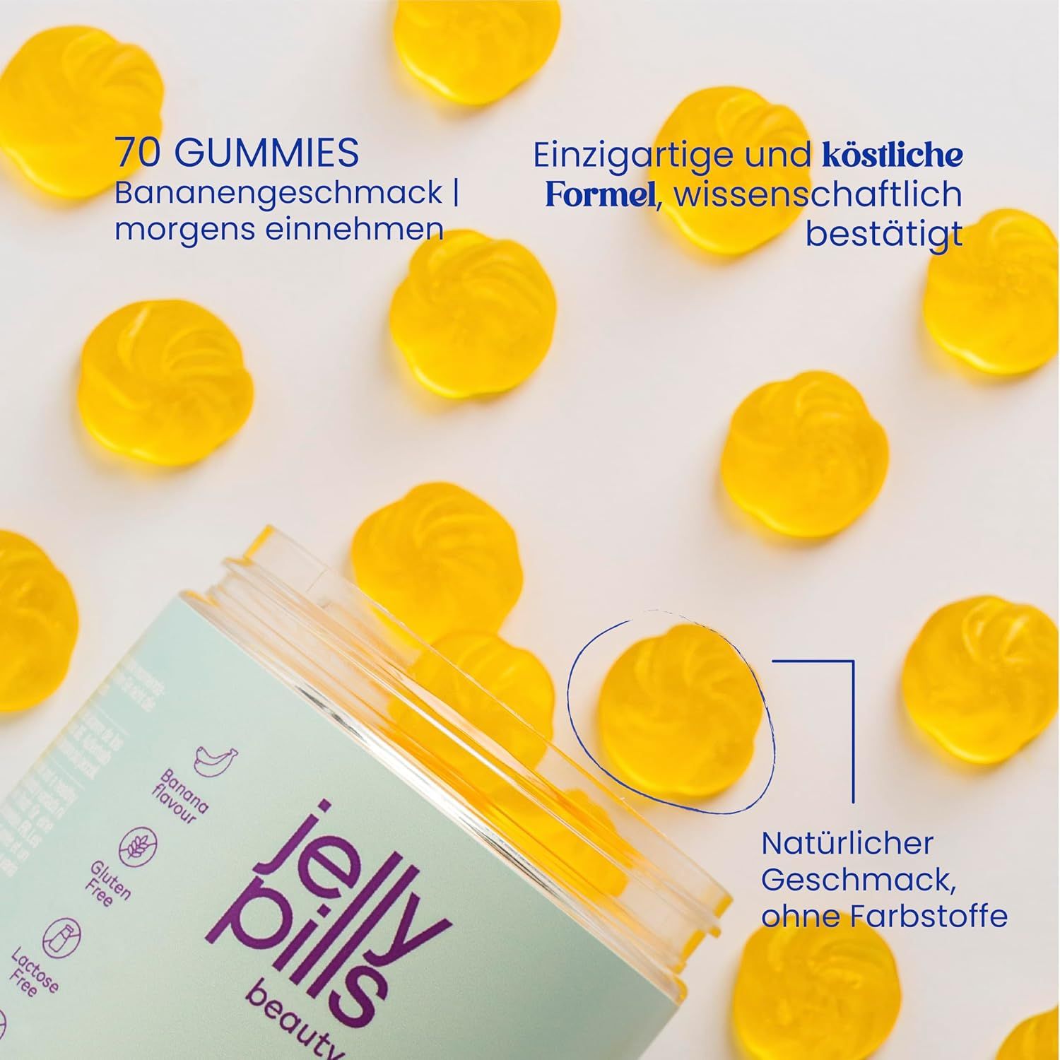 Jelly Pills Derma Glow Gummies. 70 gummies. Bananensmaak. Natuurlijke smaak, zonder kleurstoffen. Gele gummies.