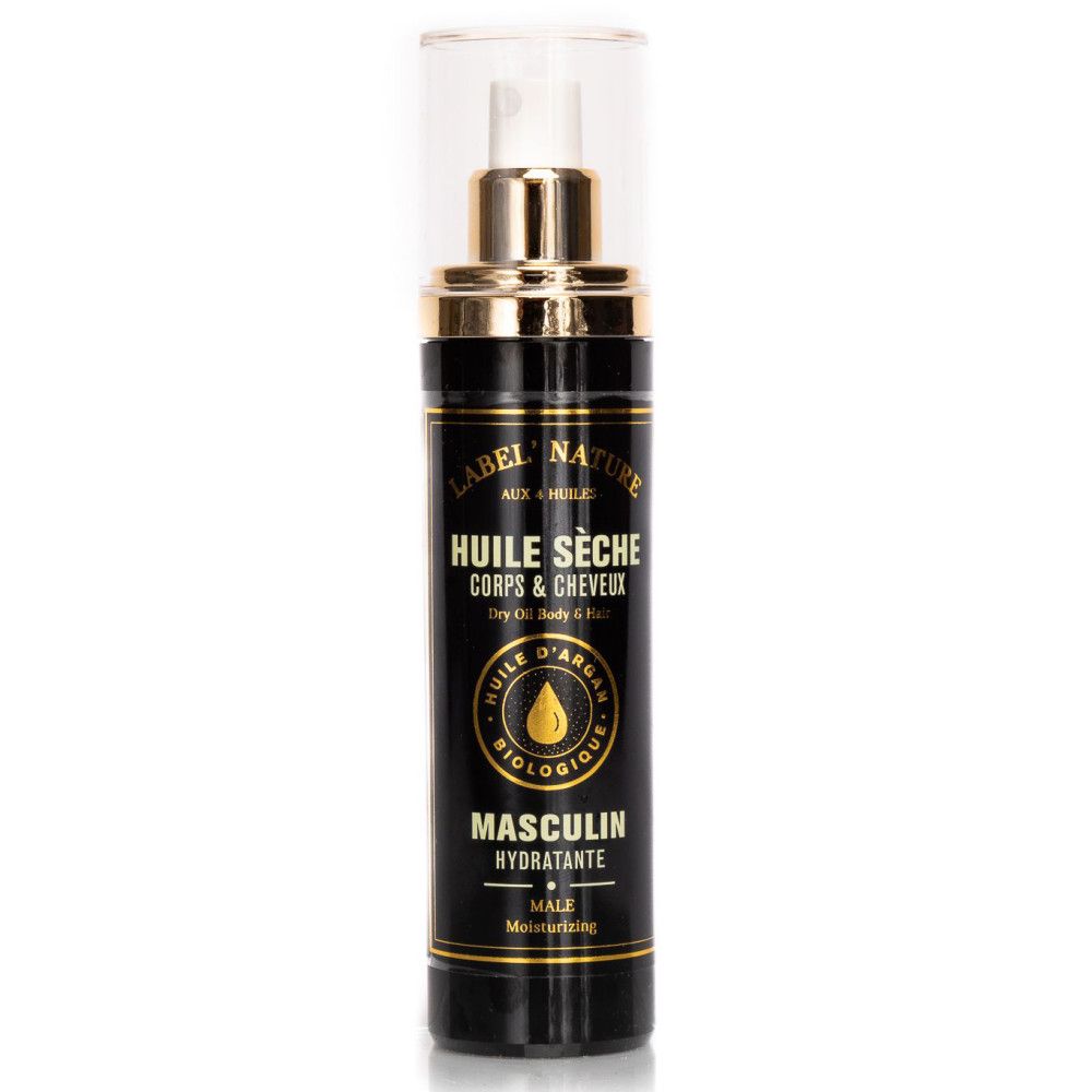 Zwarte fles met gouden verstuiver. Opschrift: Huile Sèche Corps & Cheveux, Masculin Hydratante. Arganolie logo.