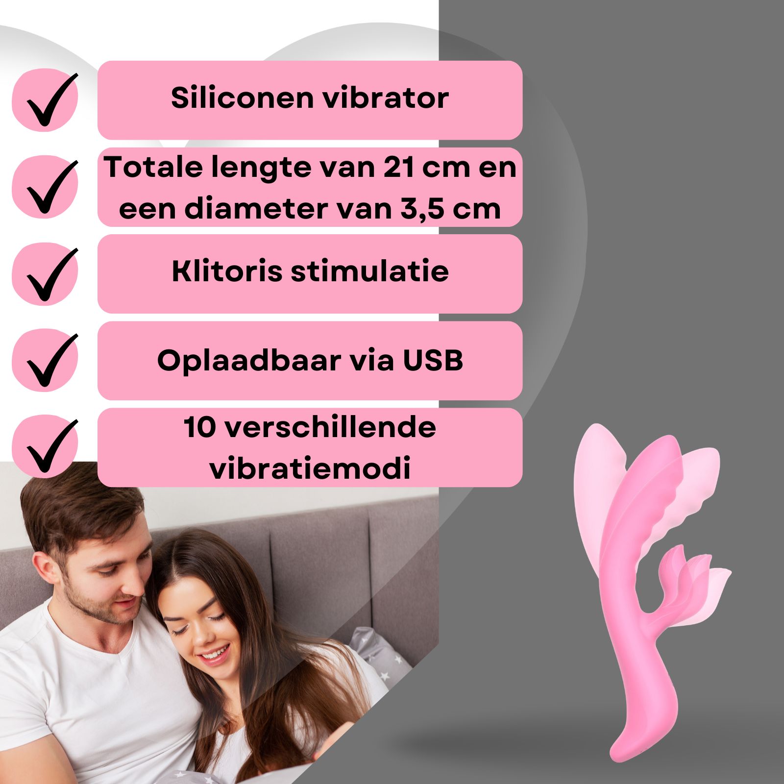 Roze vibrator. Siliconen en ABS. Paar op achtergrond. Op voetstuk. USB oplaadbaar. 10 standen.