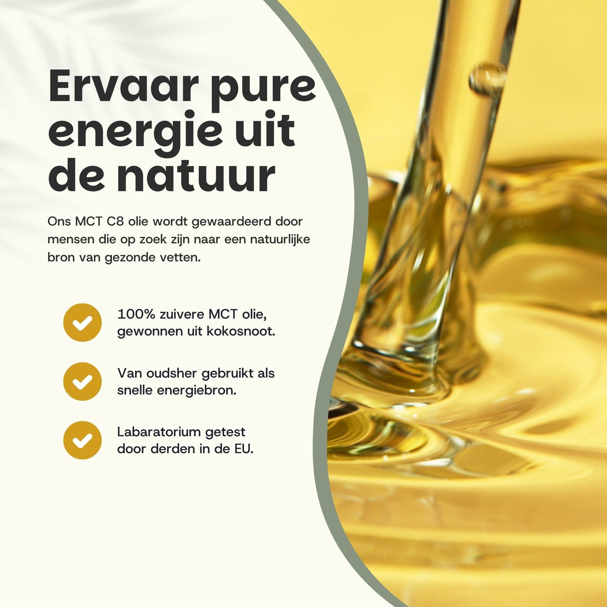 Fles MCT olie met tekst over voordelen ten opzichte van andere aanbieders.