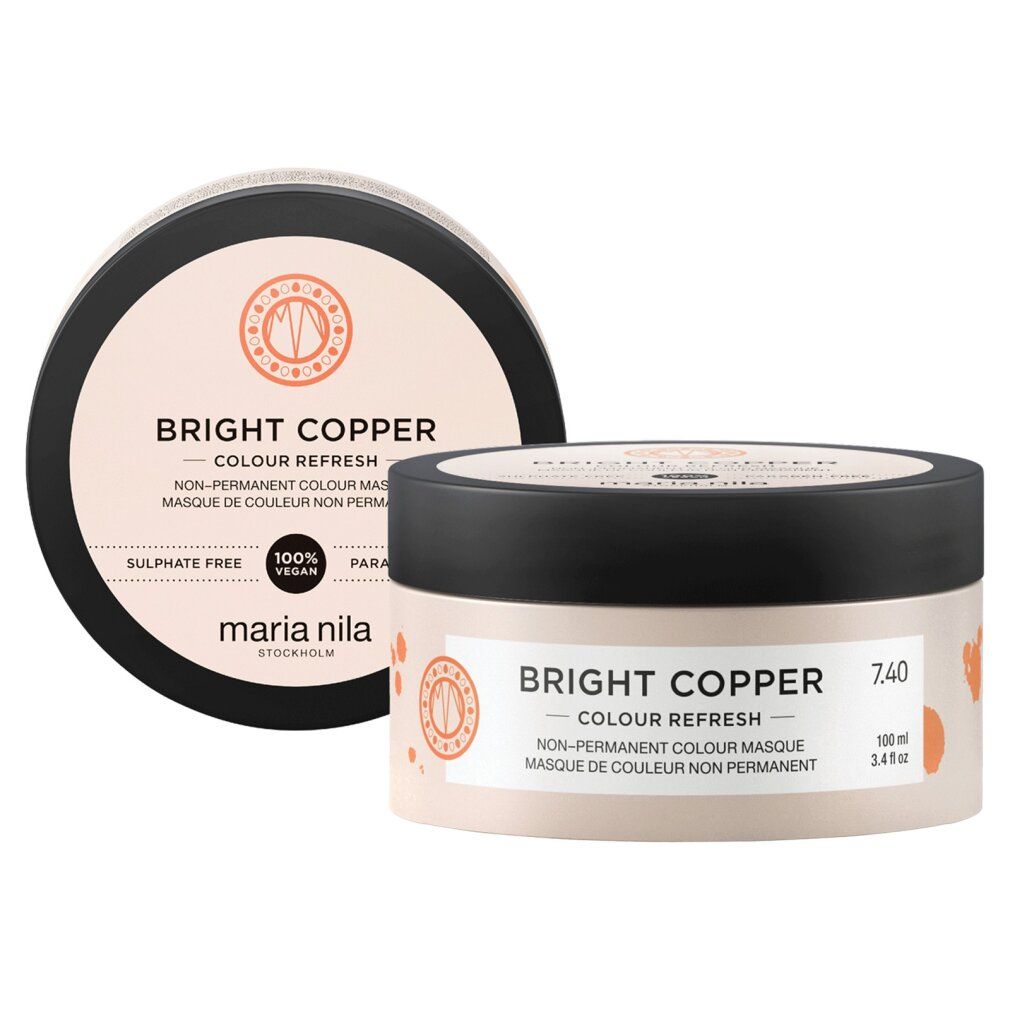 Twee potten met zwarte deksel. Opschrift: Bright Copper, Colour Refresh. Een pot met deksel ernaast.