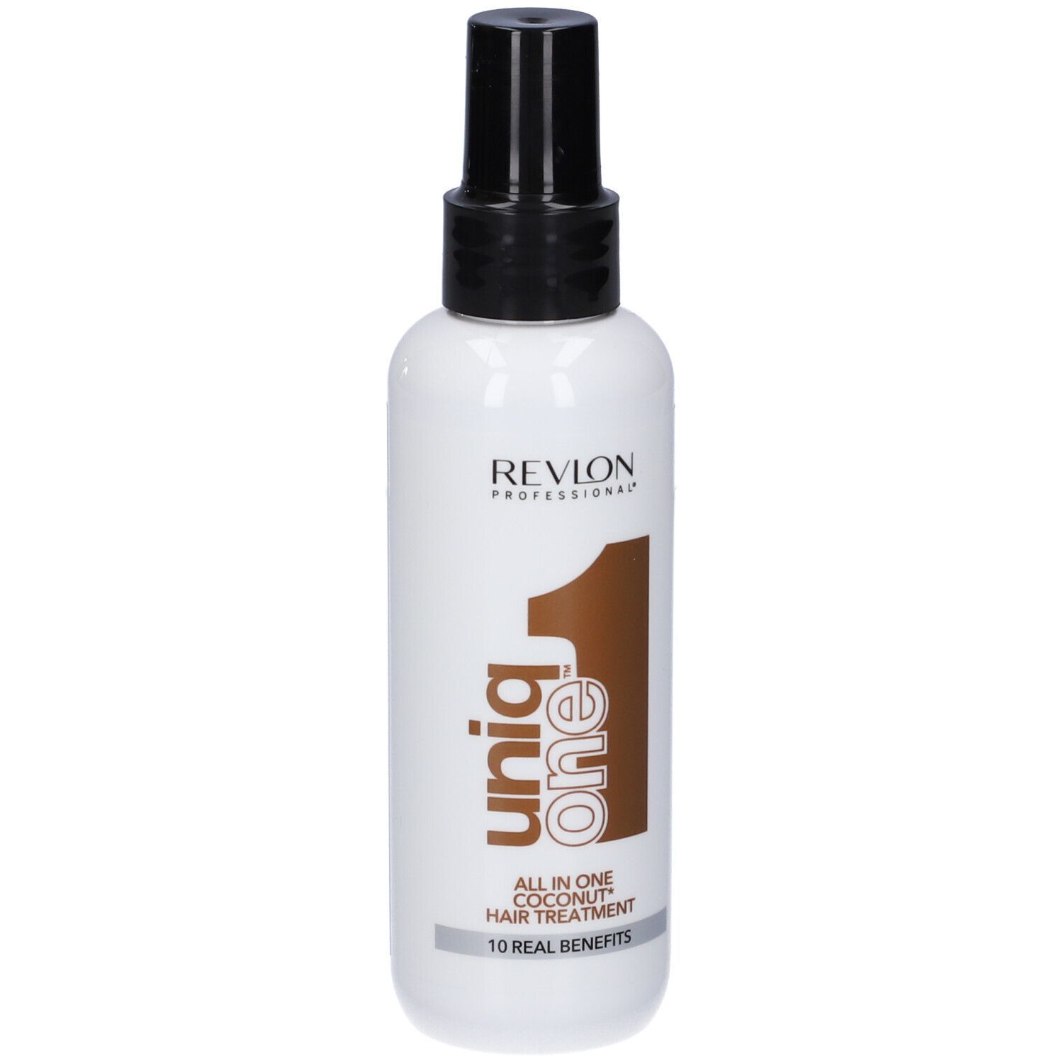 Flacon de spray capillaire blanc, bouchon noir. Texte: Revlon, Uniq One, All in One Coconut Hair Treatment.