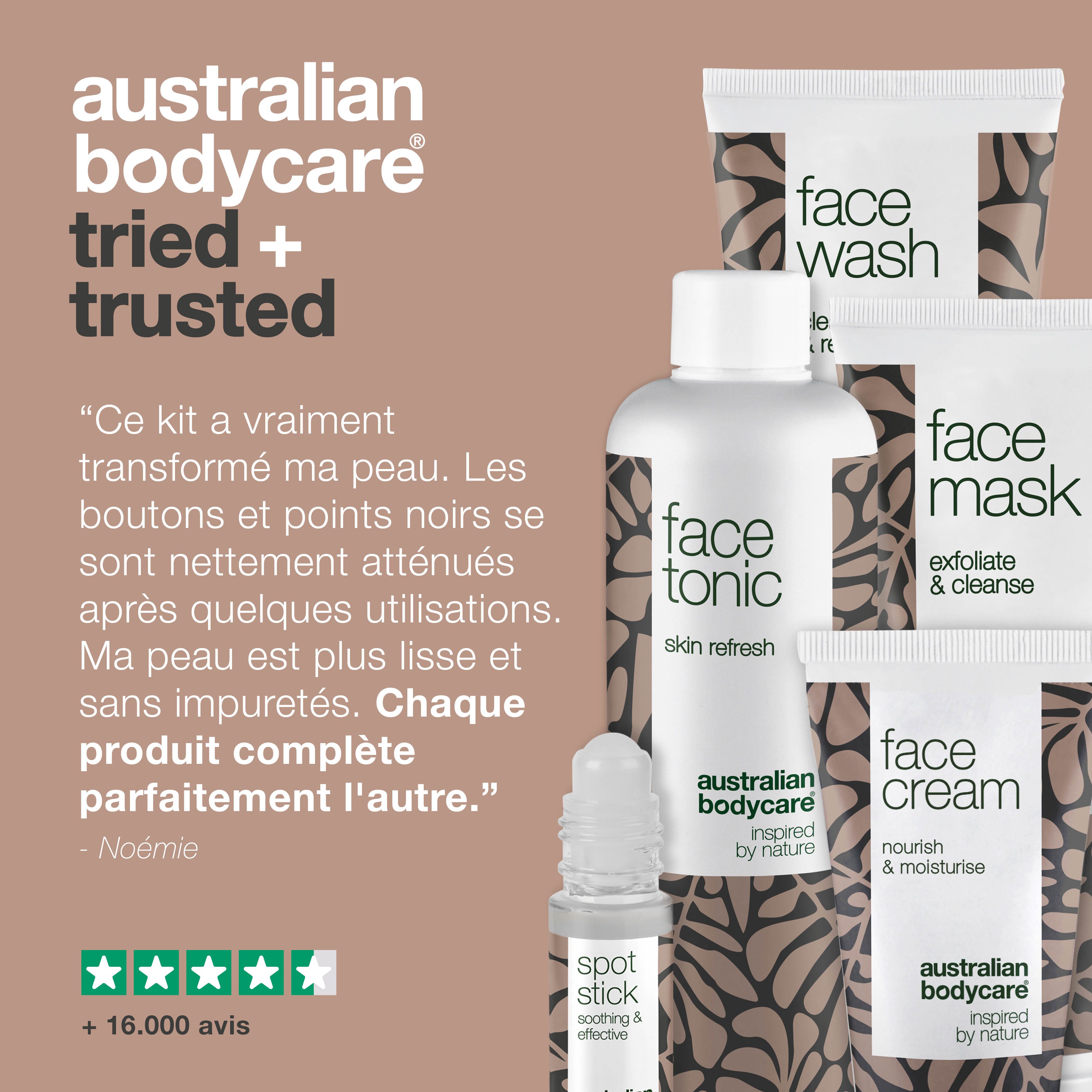 Texte : Australian Bodycare tried + trusted. Ensemble de soins du visage. Citation et évaluation par étoiles.