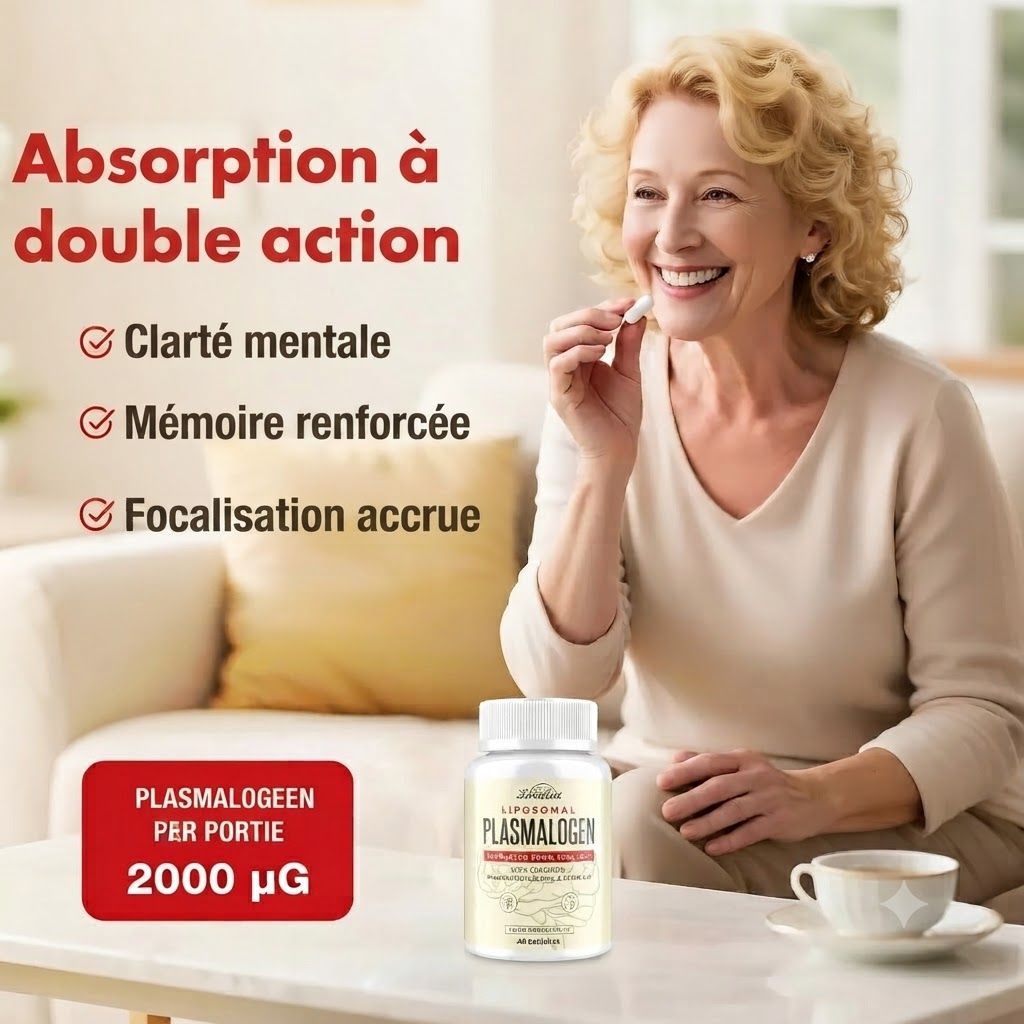 Une femme prend une capsule. À côté, une bouteille de Plasmalogen, 2000 µg par portion.