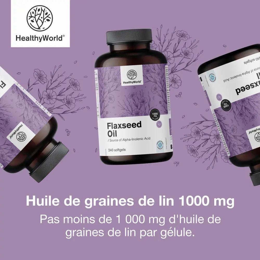 Trois bouteilles d'huile de lin sous différents angles, texte.