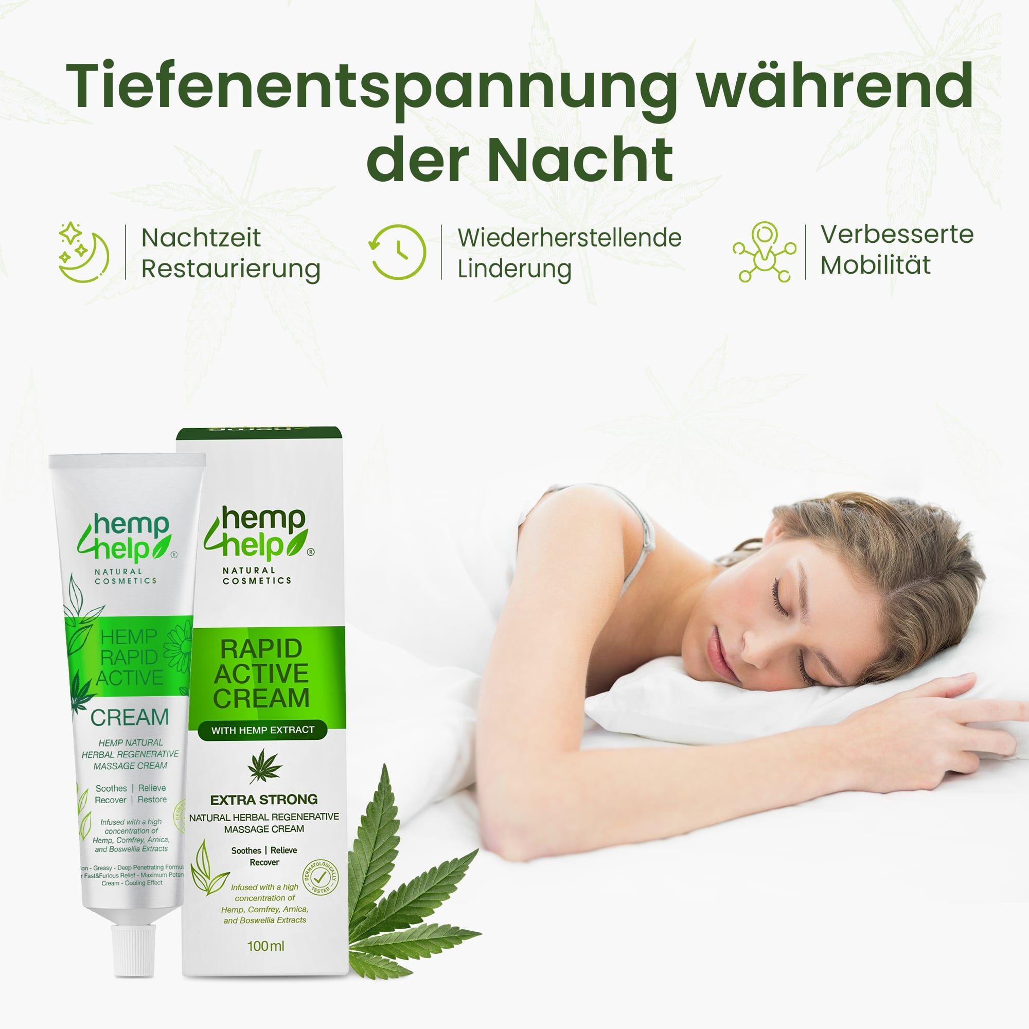 Twee tubes en verpakking met tekst. Rapid Active Cream. Vrouw slaapt in bed.