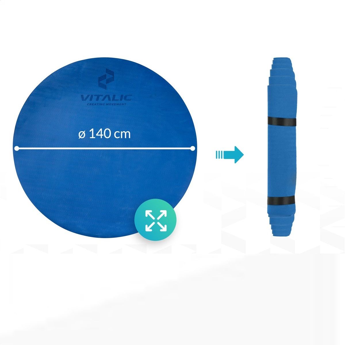 Tapis de yoga rond bleu, diamètre 140 cm. Logo VITALIC. Enroulé à côté.