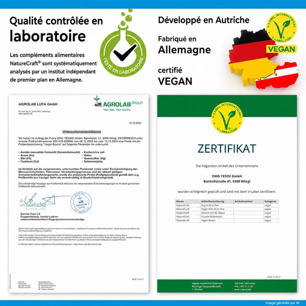 Certificats et contrôles qualité pour NatureCraft Vegan Basics.