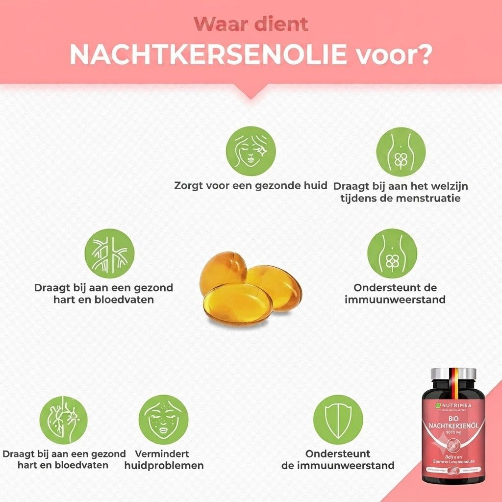 Infographic: Voordelen van teunisbloemolie voor huid, hart, menstruatie en immuunsysteem.