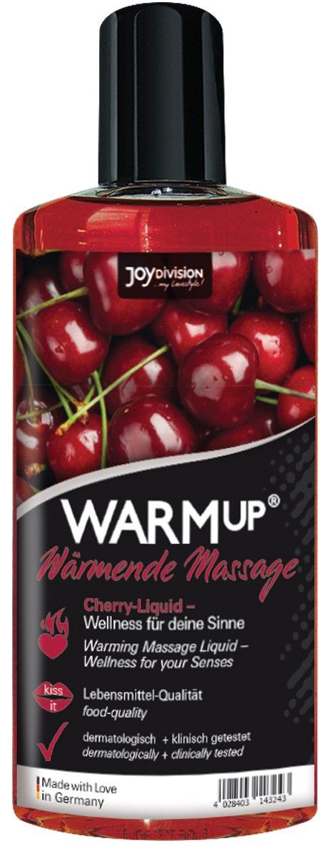 Flacon de liquide avec motif cerise. Inscription: WARMUP, massage chauffant. Avec certifications.