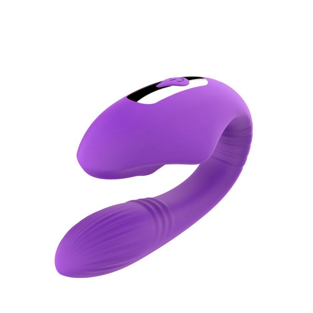 Vibrateur violet en forme de U. Bouton sur le dessus, extrémité inférieure cannelée.