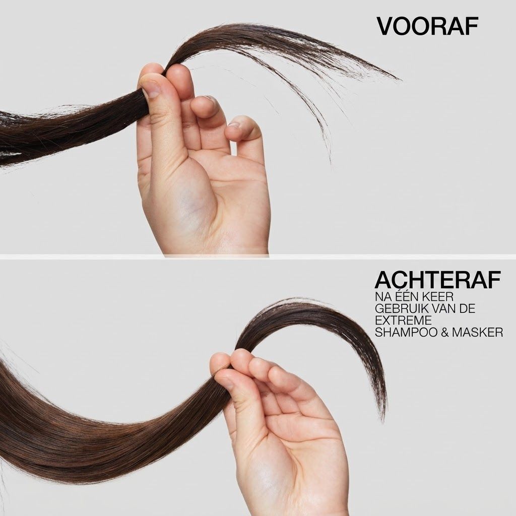 Voor en na vergelijking van donker haar, vastgehouden door een hand. Boven: droog, gespleten haar. Beneden: glad, glanzend haar.