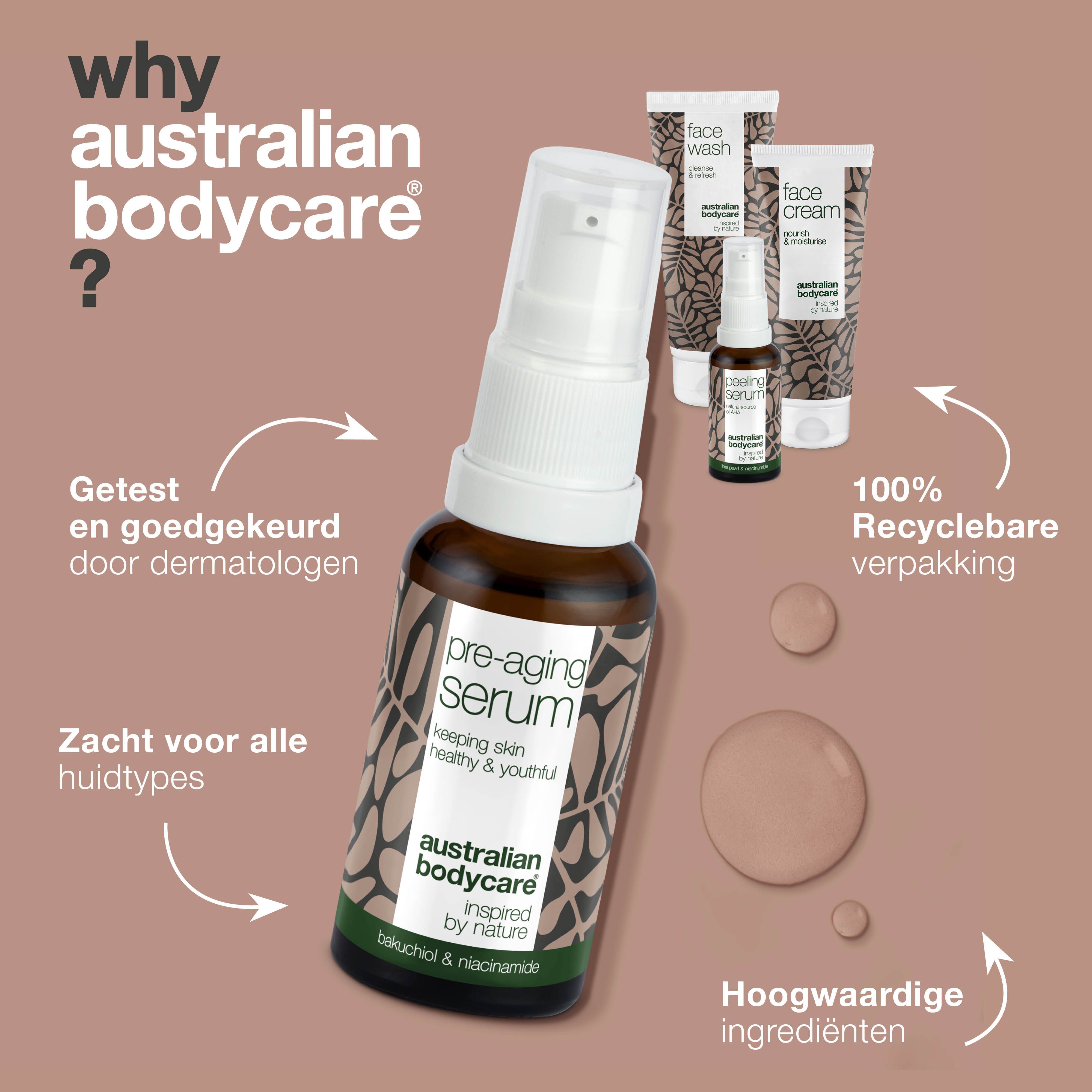 Pre-aging serum in bruine fles. Andere producten ernaast. Tekst: getest, 100% recyclebare verpakking, hoogwaardige ingrediënten.