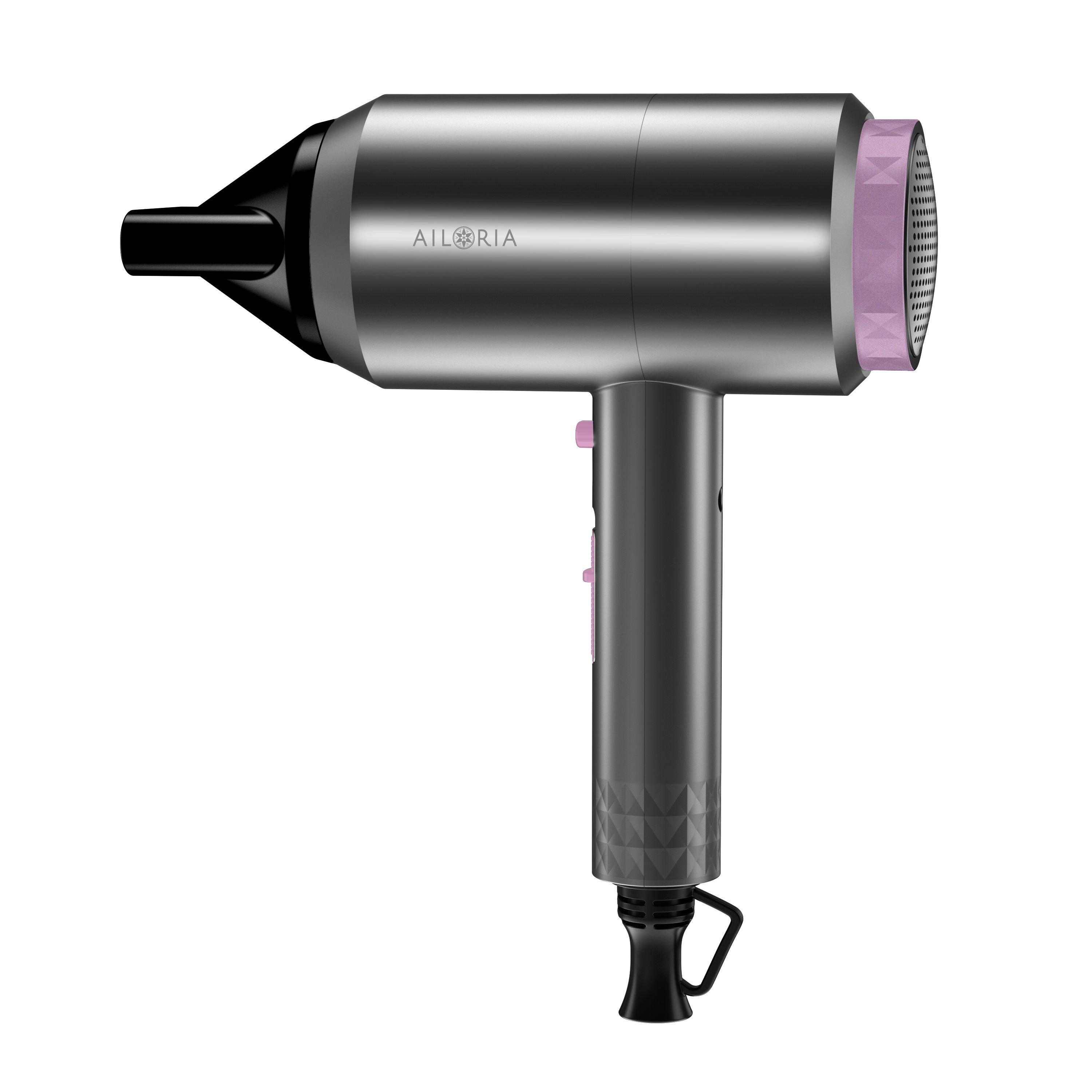Sèche-cheveux gris-noir avec accents roses. Logo AILORIA. Poignée cylindrique, buse, sortie d'air. Anneau de suspension.