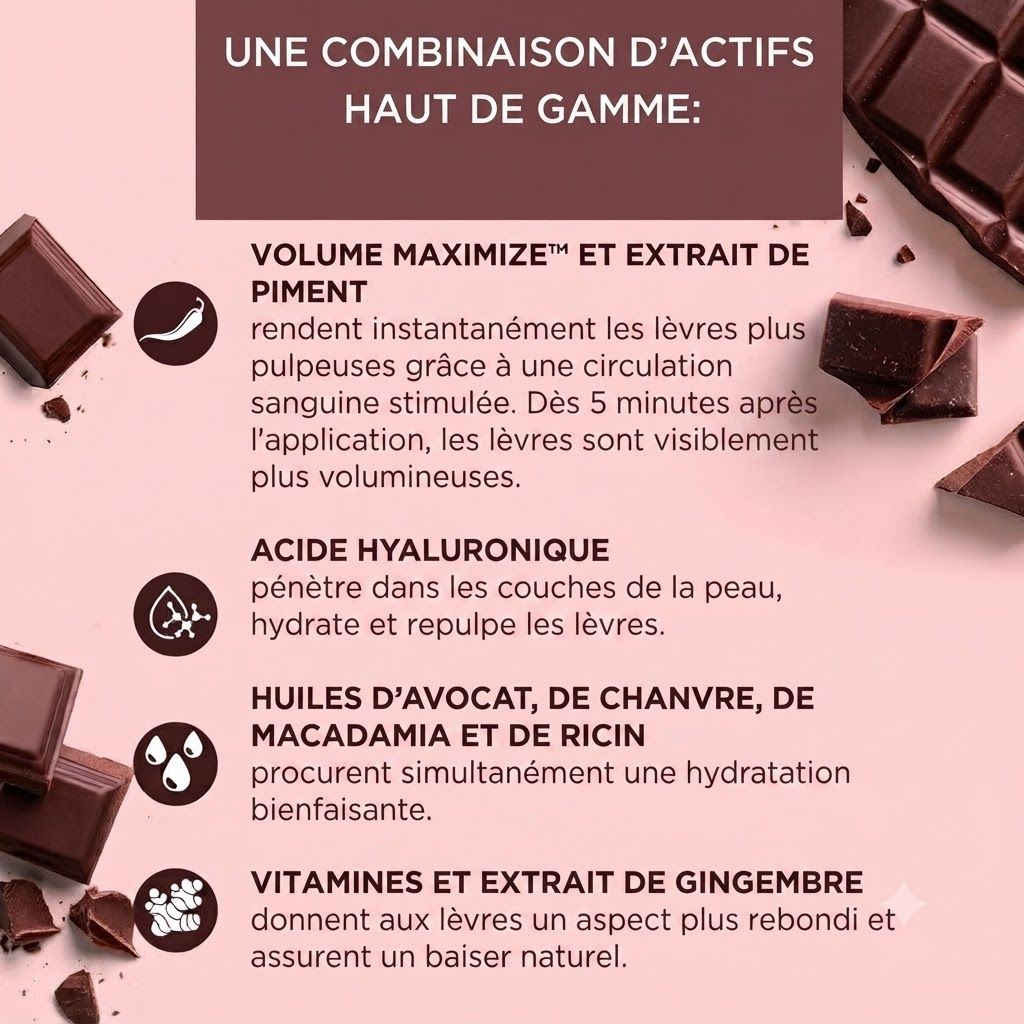 Morceaux de chocolat et texte sur les ingrédients de soin des lèvres.
