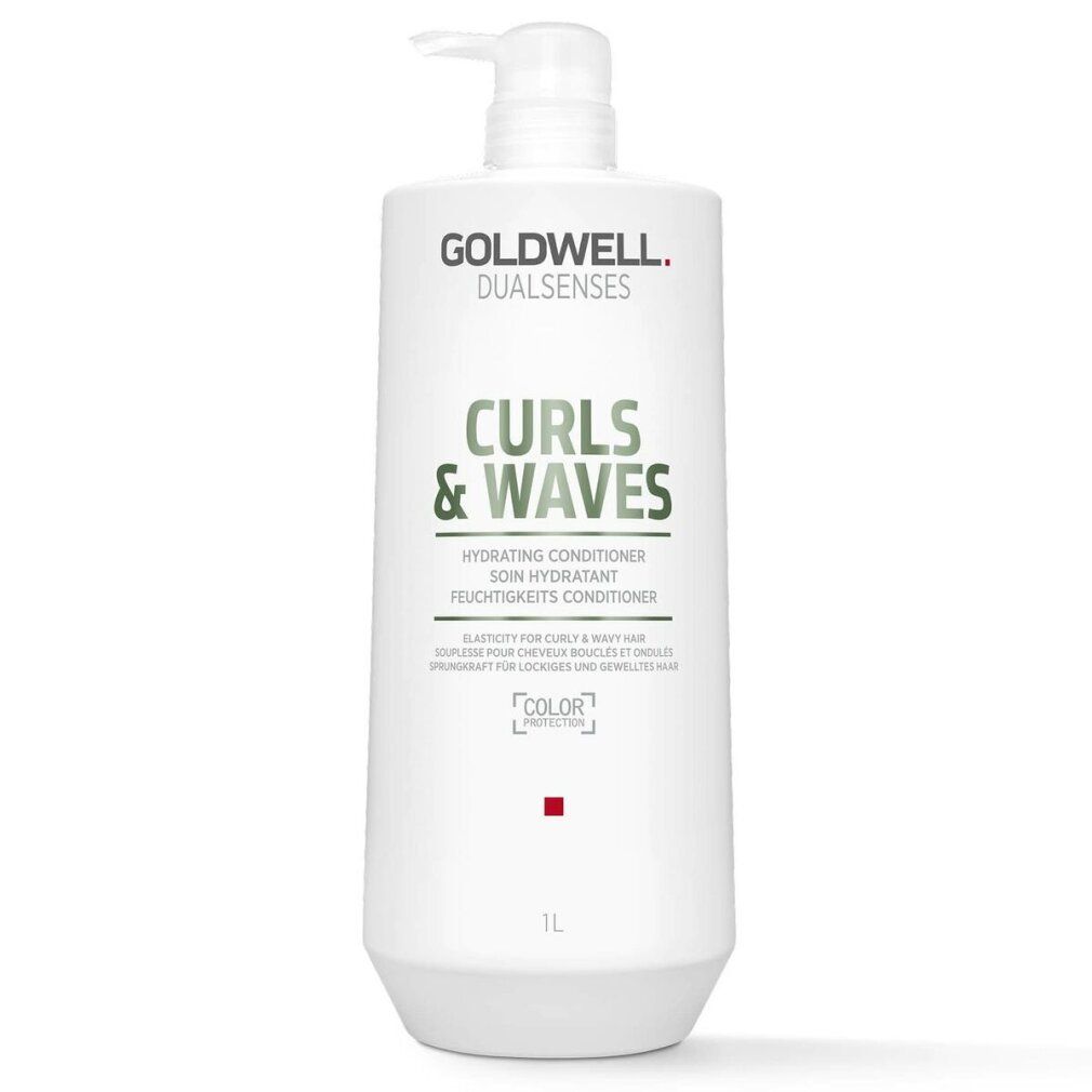 Witte fles met pomp. Opschrift: Goldwell Dualsenses Curls & Waves Conditioner. 1L.
