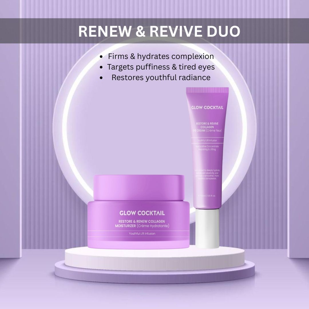 Twee paarse cosmetische producten op een sokkel. Tekst: Renew & Revive Duo, Glow Cocktail, Restore & Renew Collagen, oogcrème.
