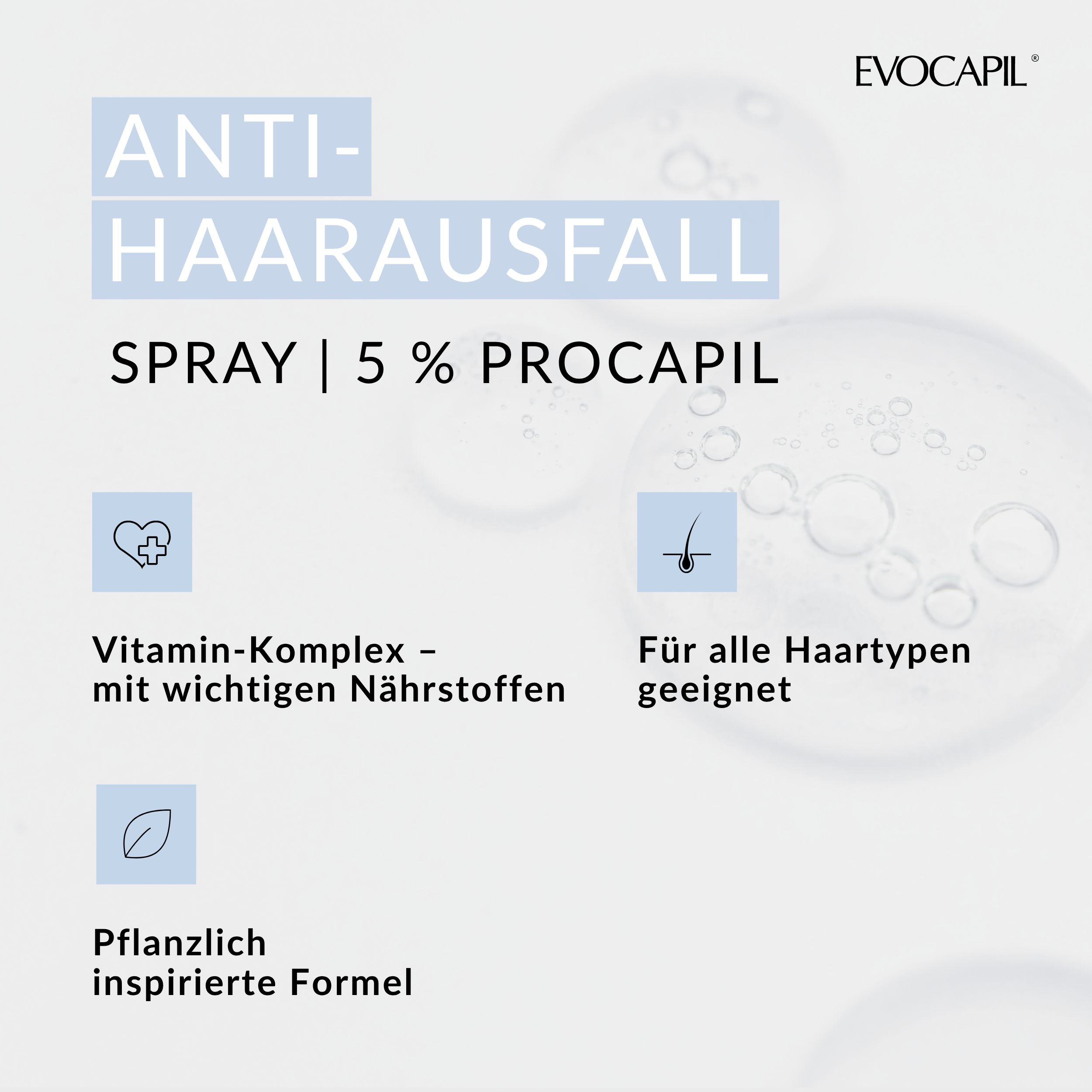Anti-haaruitval spray. Bevat 5% Procopil. Geschikt voor alle haartypes. Plantaardige formule.