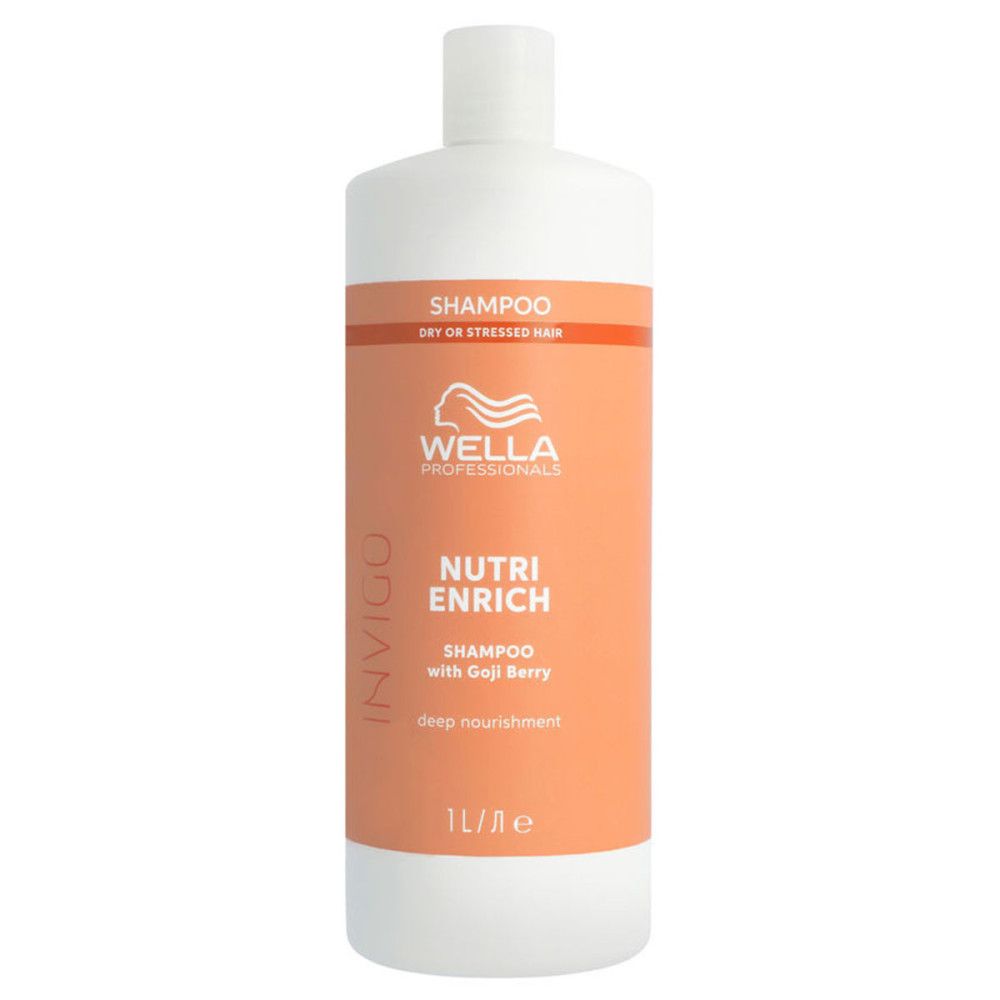 Witte en oranje shampoo fles. Opschrift: Wella Professionals, Invigo, Nutri Enrich, Shampoo with Goji Berry. 1L.