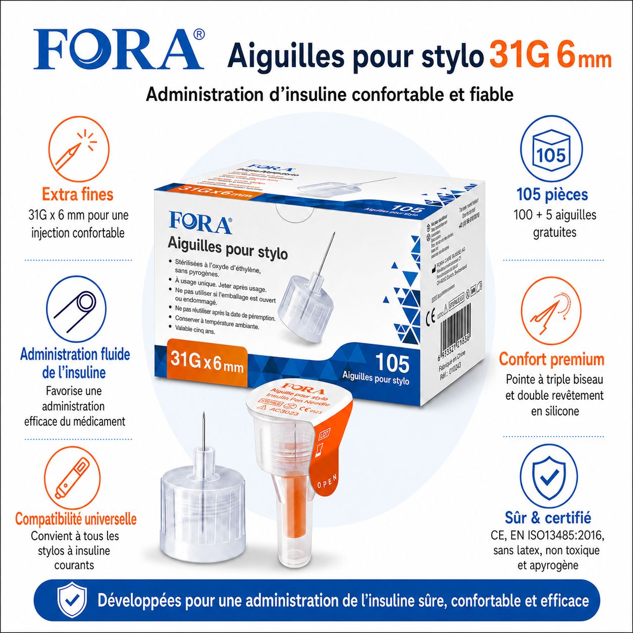 Aiguilles pour stylo FORA 31G x 6mm. Extra fines, administration fluide, universelles. 105 pièces.