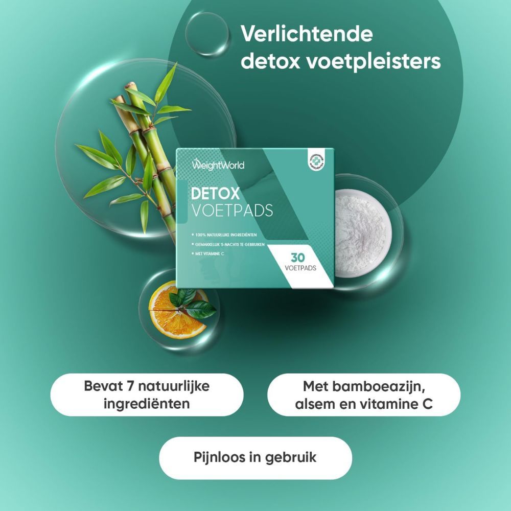 WeightWorld Detox Voetpads. Gebruiksaanwijzing: voeten wassen, pleister aanbrengen, 's nachts, verwijderen. Productafbeelding.