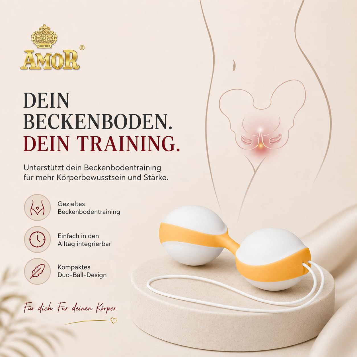 Duo-ball pour plancher pelvien, blanc et orange, avec texte et graphiques.