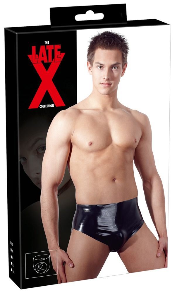 Verpakking voor LateX herenslip met model en productafbeelding.