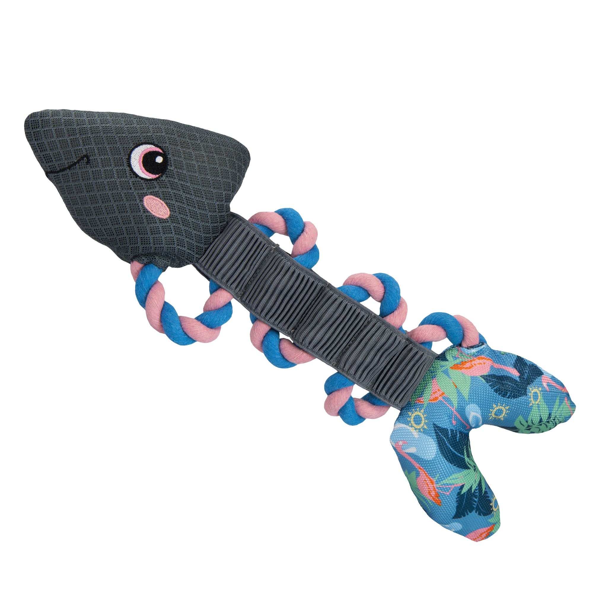 Jouet poisson avec corde. Corps gris, cordes bleues et roses, queue fleurie.