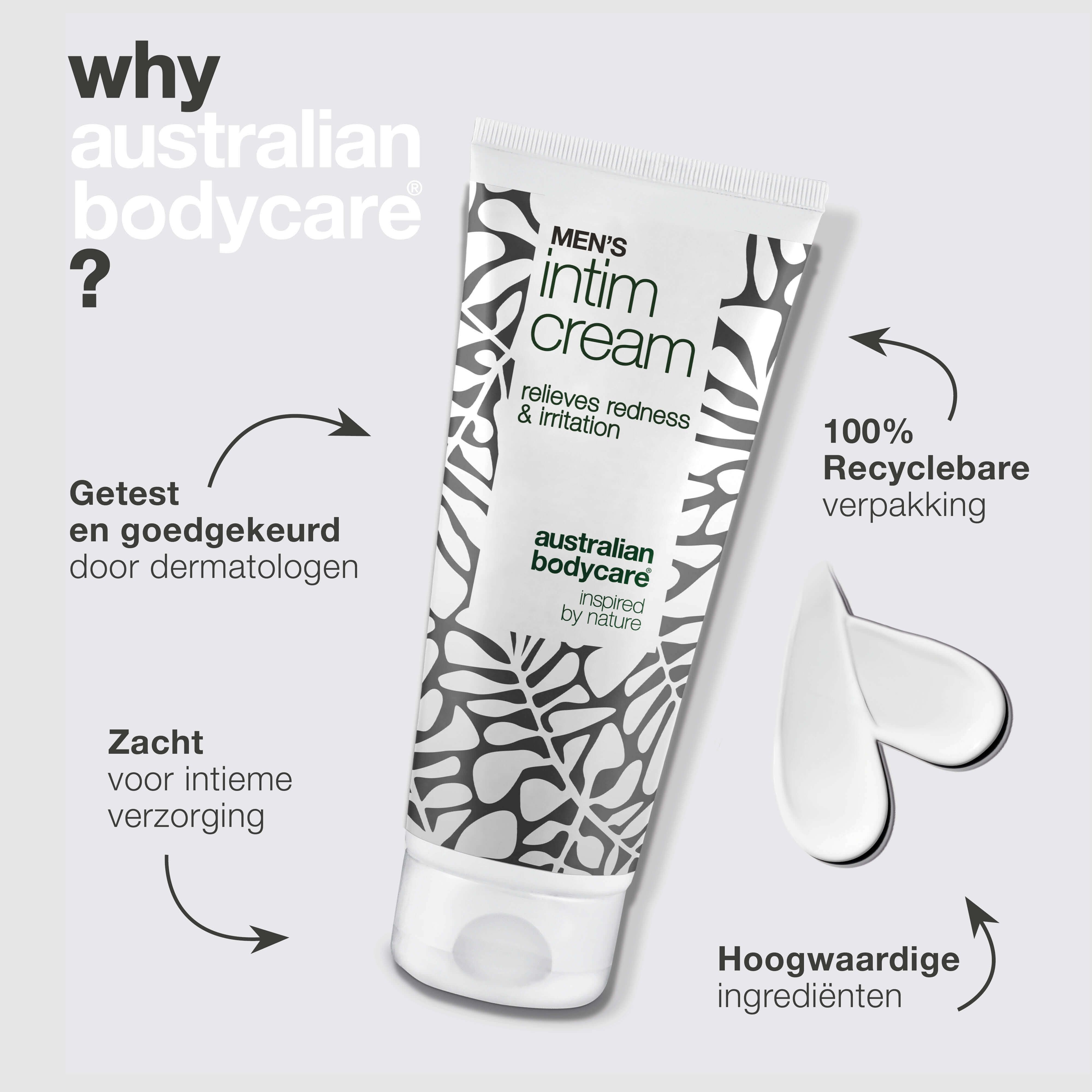 Vraagteken. Tube intieme crème. Tekst: Getest door dermatologen, zacht voor intieme verzorging, 100% recyclebare verpakking, hoogwaardige ingrediënten.