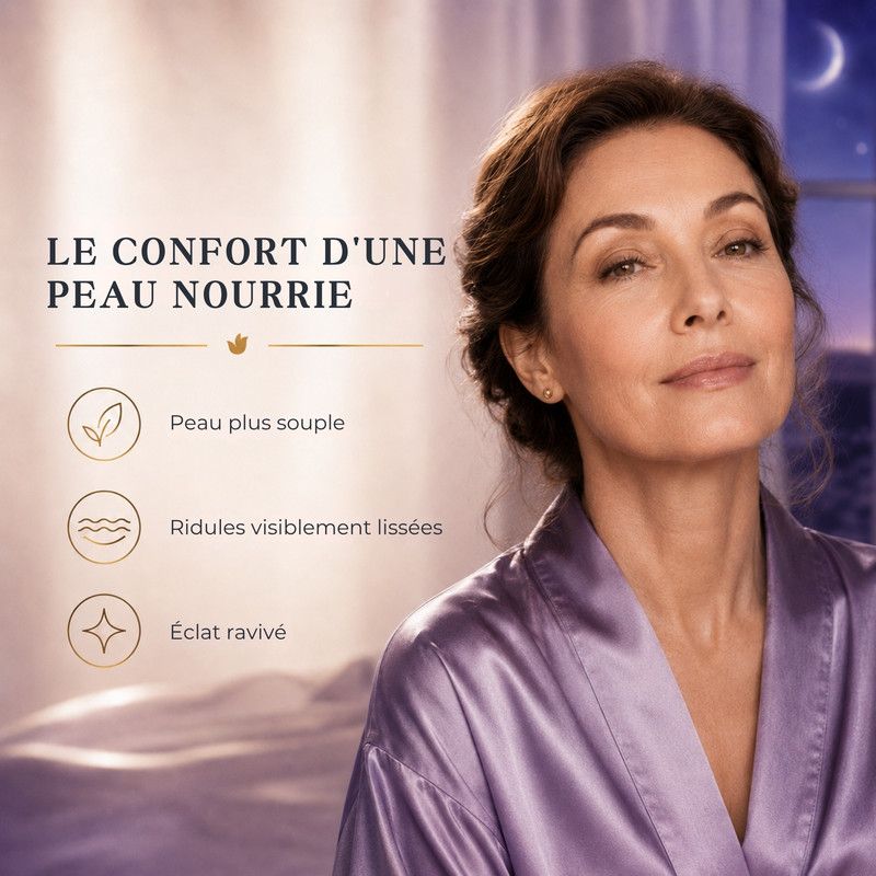 Femme en robe de chambre en soie se touchant la joue. Texte : 'Le confort d'une peau nourrie'.