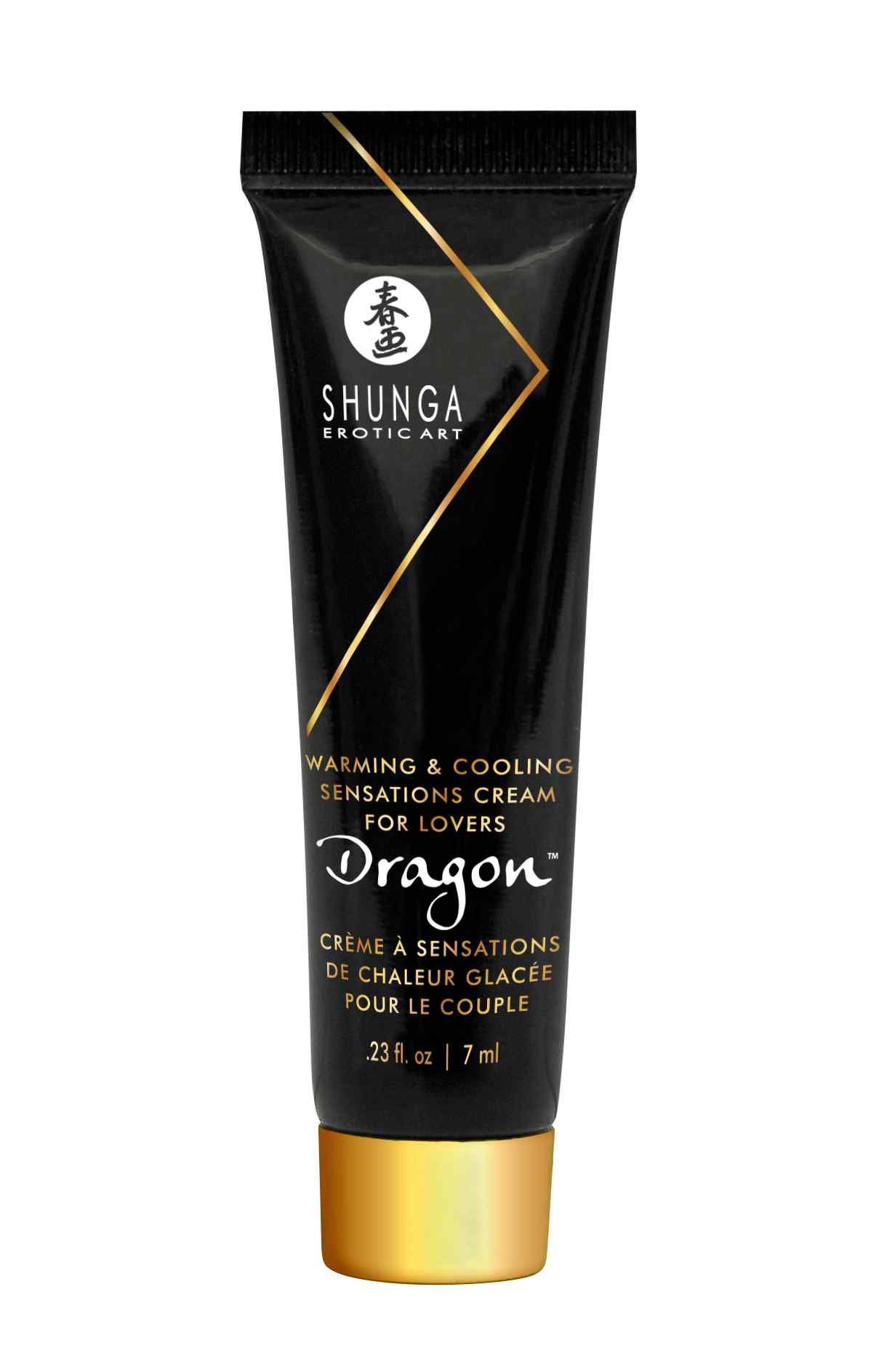 Tube noir à bouchon doré. Texte : Warming & Cooling Sensations Cream for Lovers Dragon. Marque : Shunga.