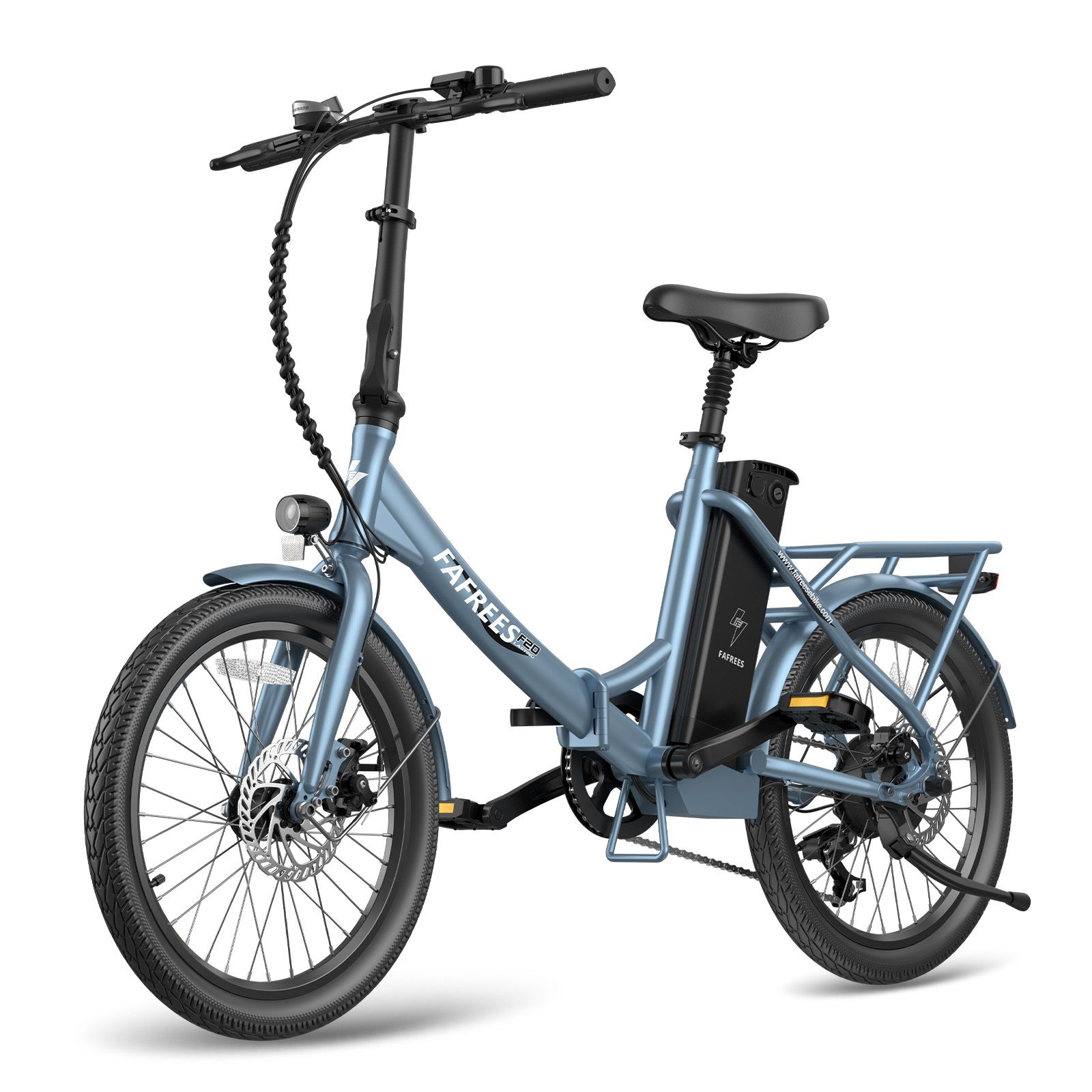Vélo électrique Fafrees F20 bleu. Cadre pliable, porte-bagages, freins à disque. Batterie sur cadre. Pneus et selle noirs.