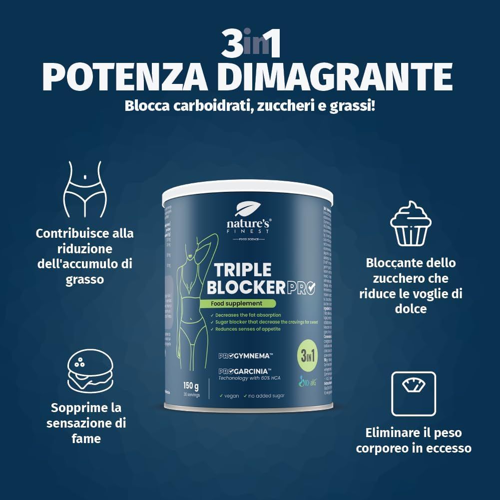 Product Nature's Finest Triple Blocker PRO. Pot met tekst en iconen. Tekst: Potenza Dimagrante, blokkeert koolhydraten, suikers en vetten!