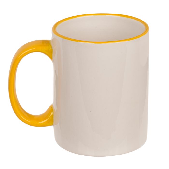 Keramische beker met gele handvat en gele rand. Effen, zonder patroon.