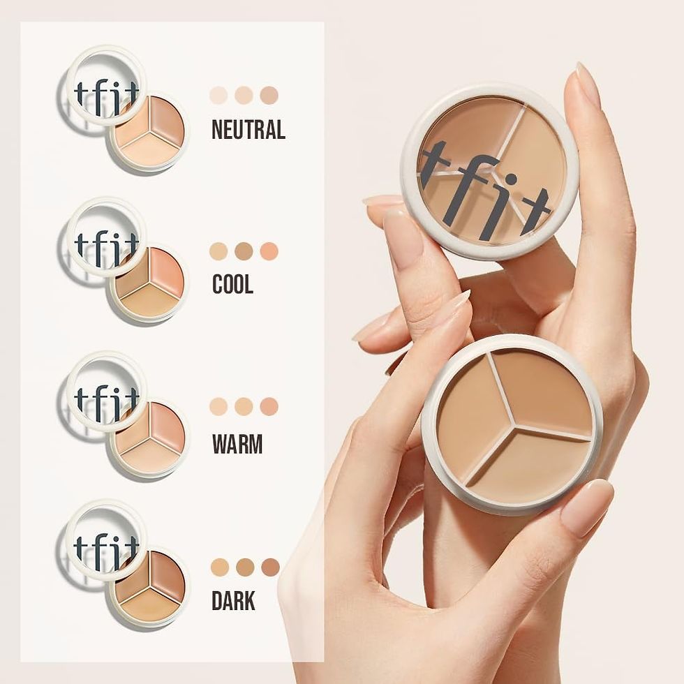 Handen houden concealer palette. Drie tinten. TFIT-logo. Tintaanduidingen.