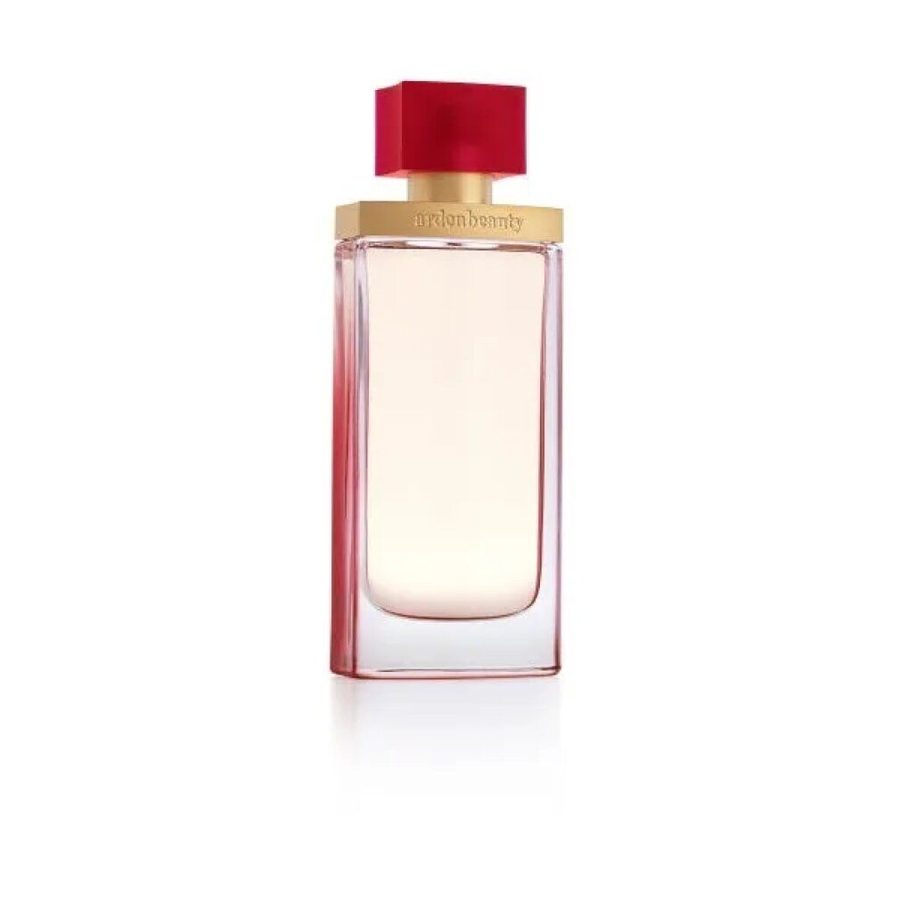 Flacon rectangulaire avec bouchon rouge. Inscription dorée "ardenbeauty". Liquide clair. Flacon en verre transparent.