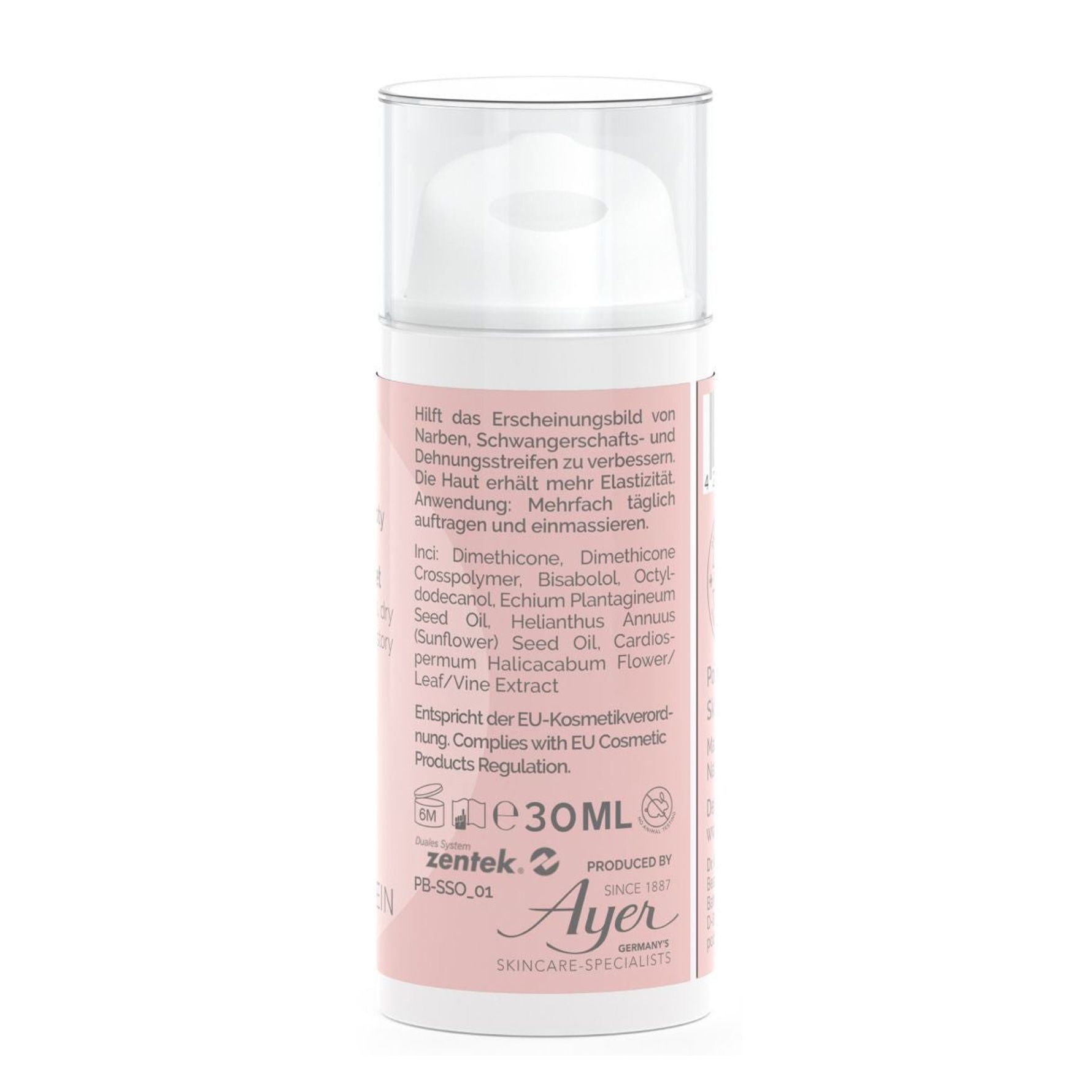 Dos du flacon rose. Texte : ingrédients, réglementation cosmétique UE. Volume : 30 ml. Marque : Ayer Skincare Specialists.