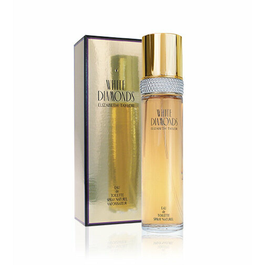 White Diamonds Eau de Toilette fles en doos. Gouden dop, zilveren ring, opschrift. Doos.