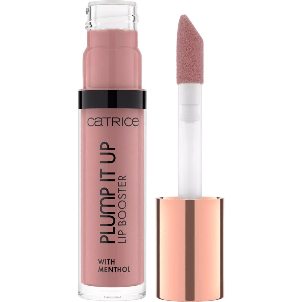 Lipgloss tube met applicator. Opschrift: PLUMP IT UP LIP BOOSTER, WITH MENTHOL. Merk: CATRICE. Roze tint.