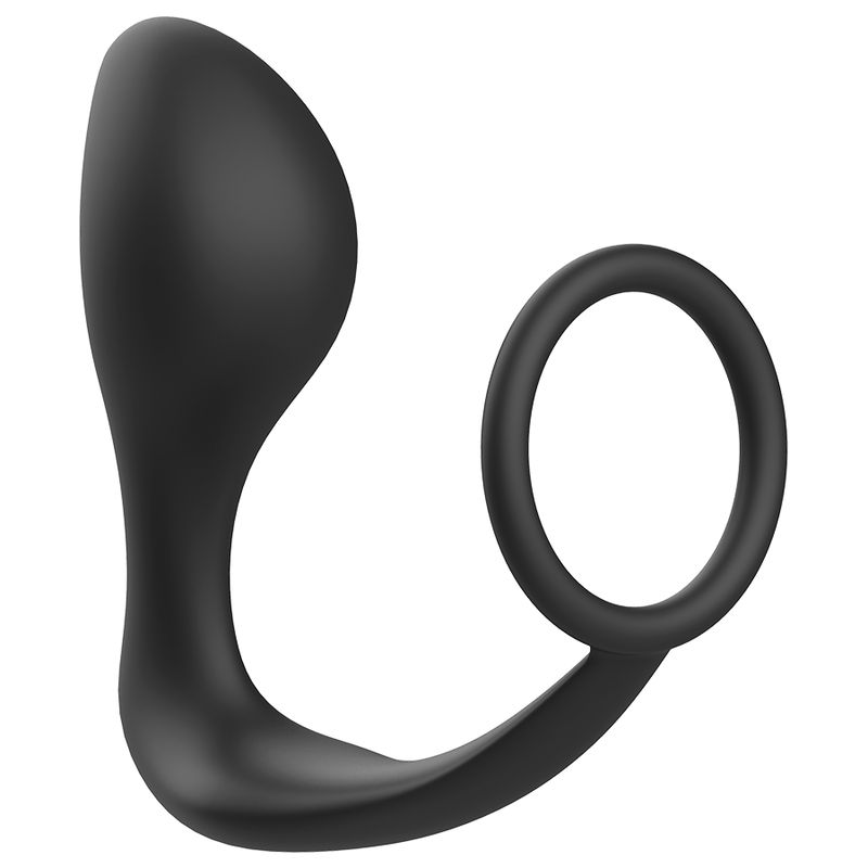 Zwarte anale plug van siliconen met ring. Gebogen vorm met brede basis en ring.