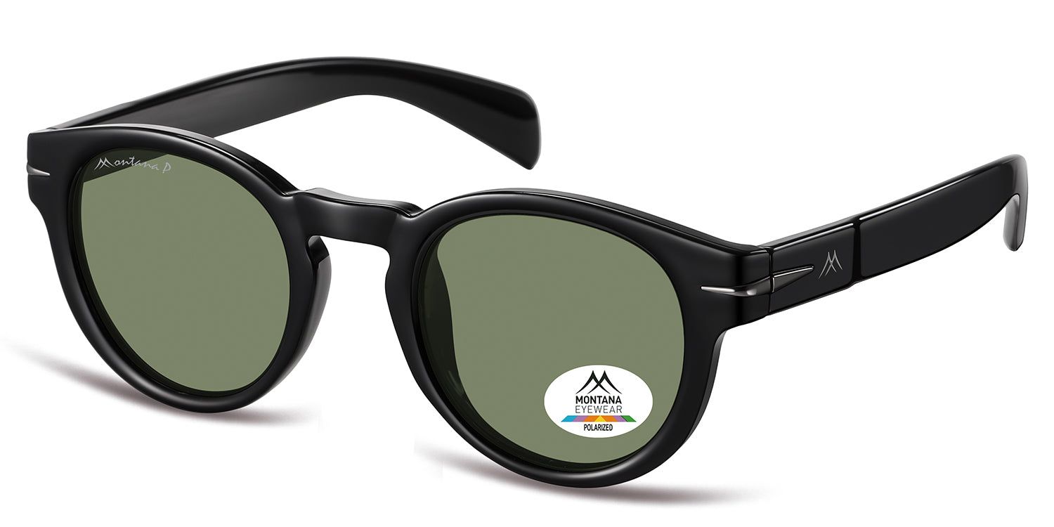 Lunettes de soleil noires, verres ronds, logo Montana Eyewear sur la branche et le verre. Verres polarisés.
