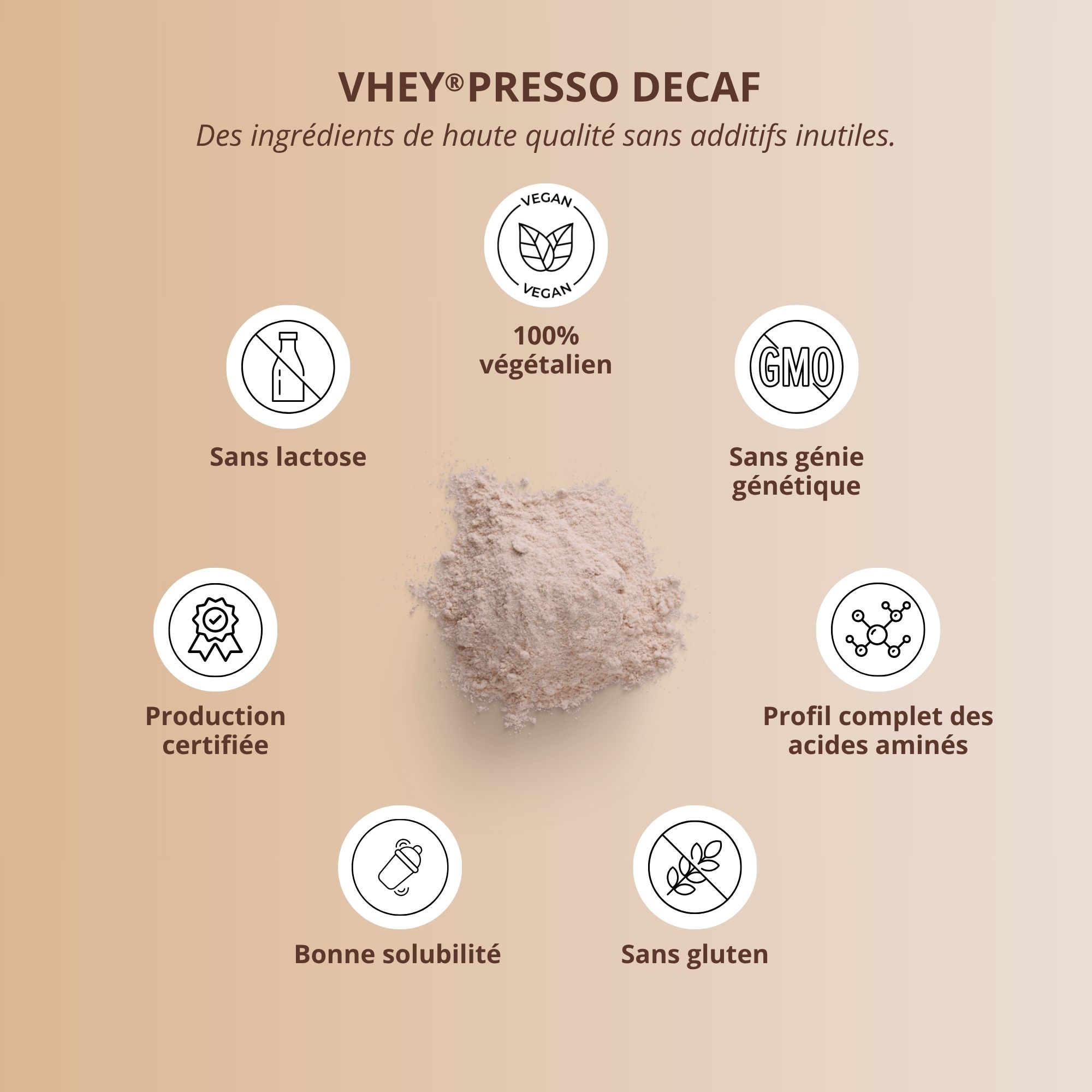 Produit en poudre avec icônes pour vegan, sans lactose, production certifiée, bonne solubilité, sans OGM, profil complet d'acides aminés et sans gluten.