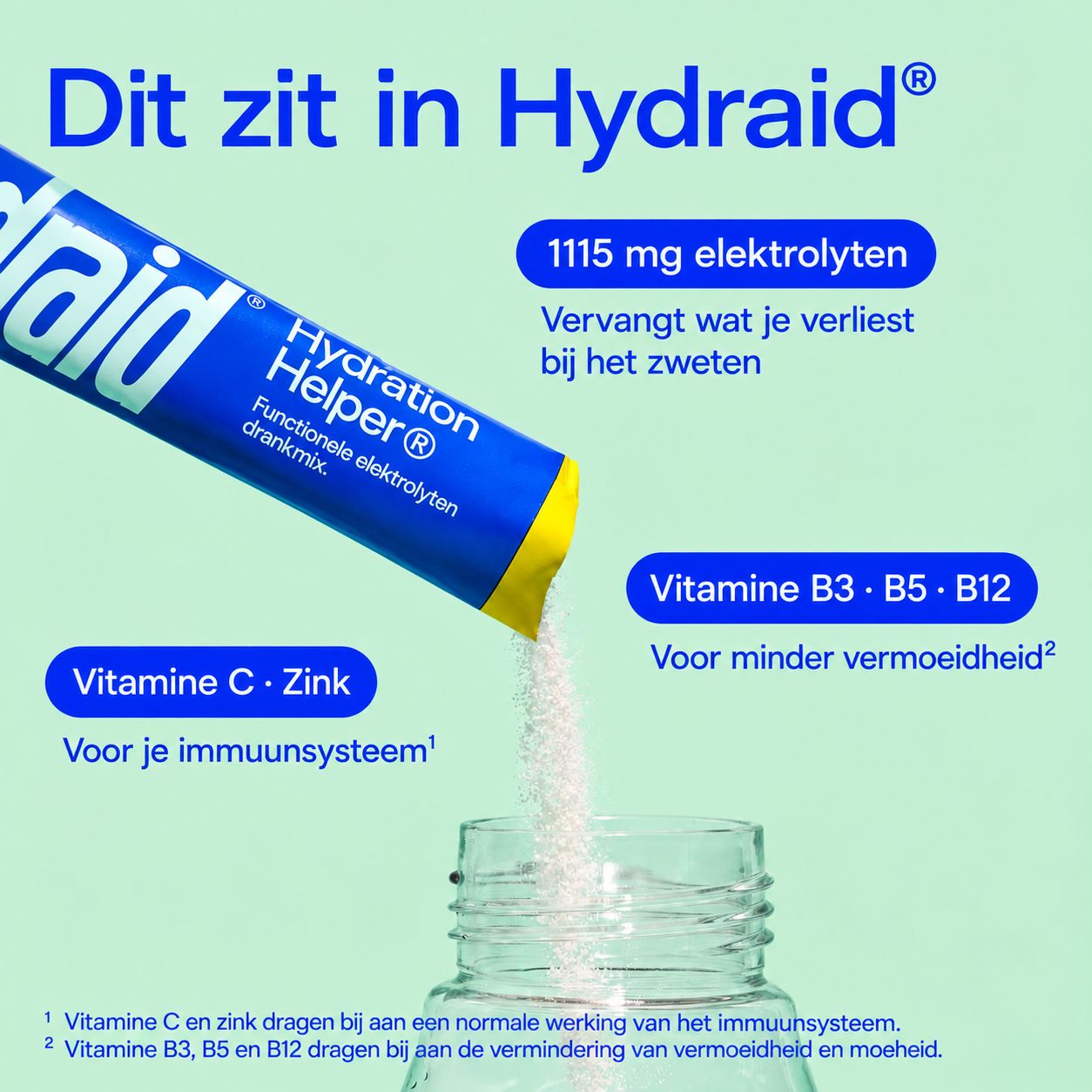 Hydraid-stick wordt in fles geleegd. Bevat elektrolyten, vitamines B, C, zink voor immuunsysteem.