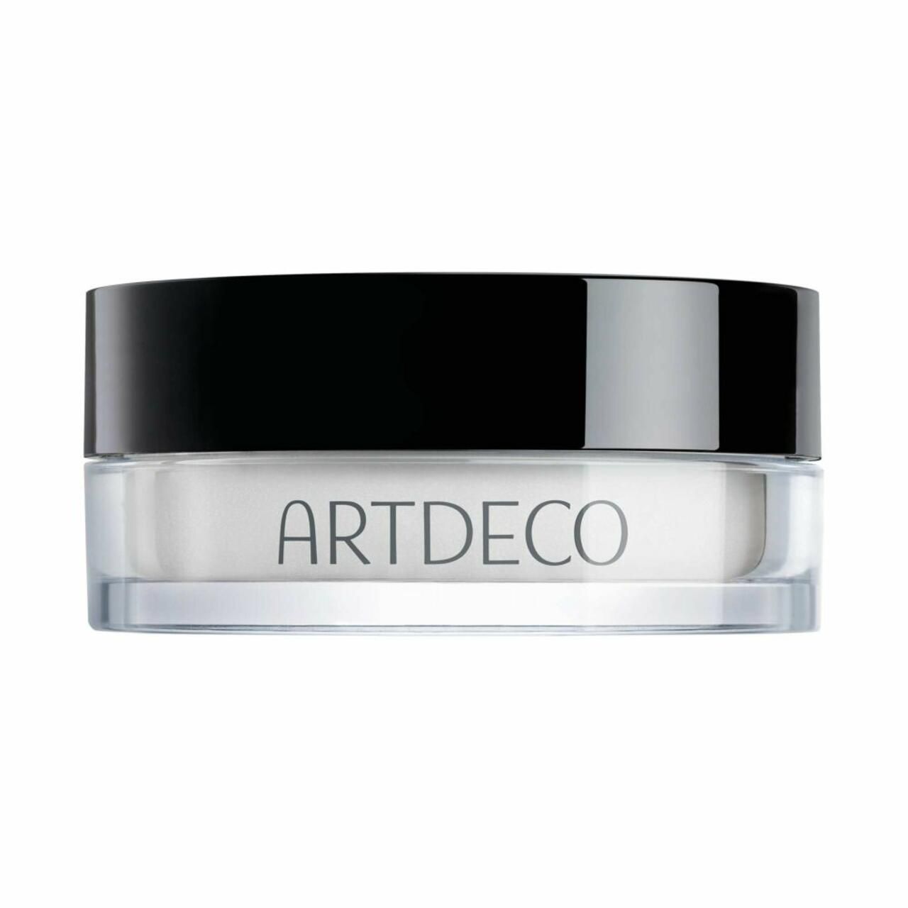 Récipient transparent avec couvercle noir. ARTDECO est écrit sur le devant.